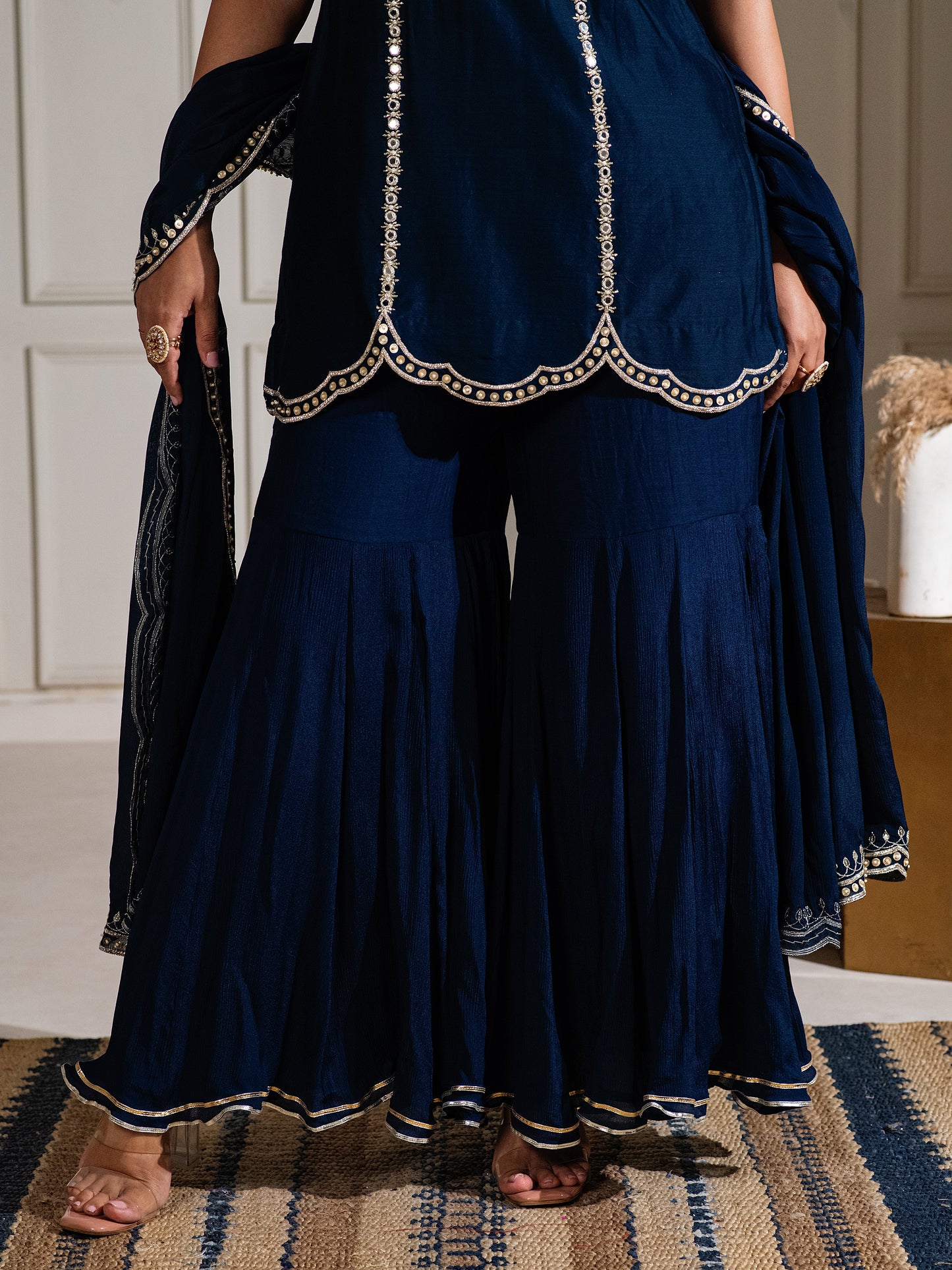ISHTARA'S MIDNIGHT BLUE SHORT KURTA WITH A FLOWY GHARARA WITH A DUPATTA #NAV06