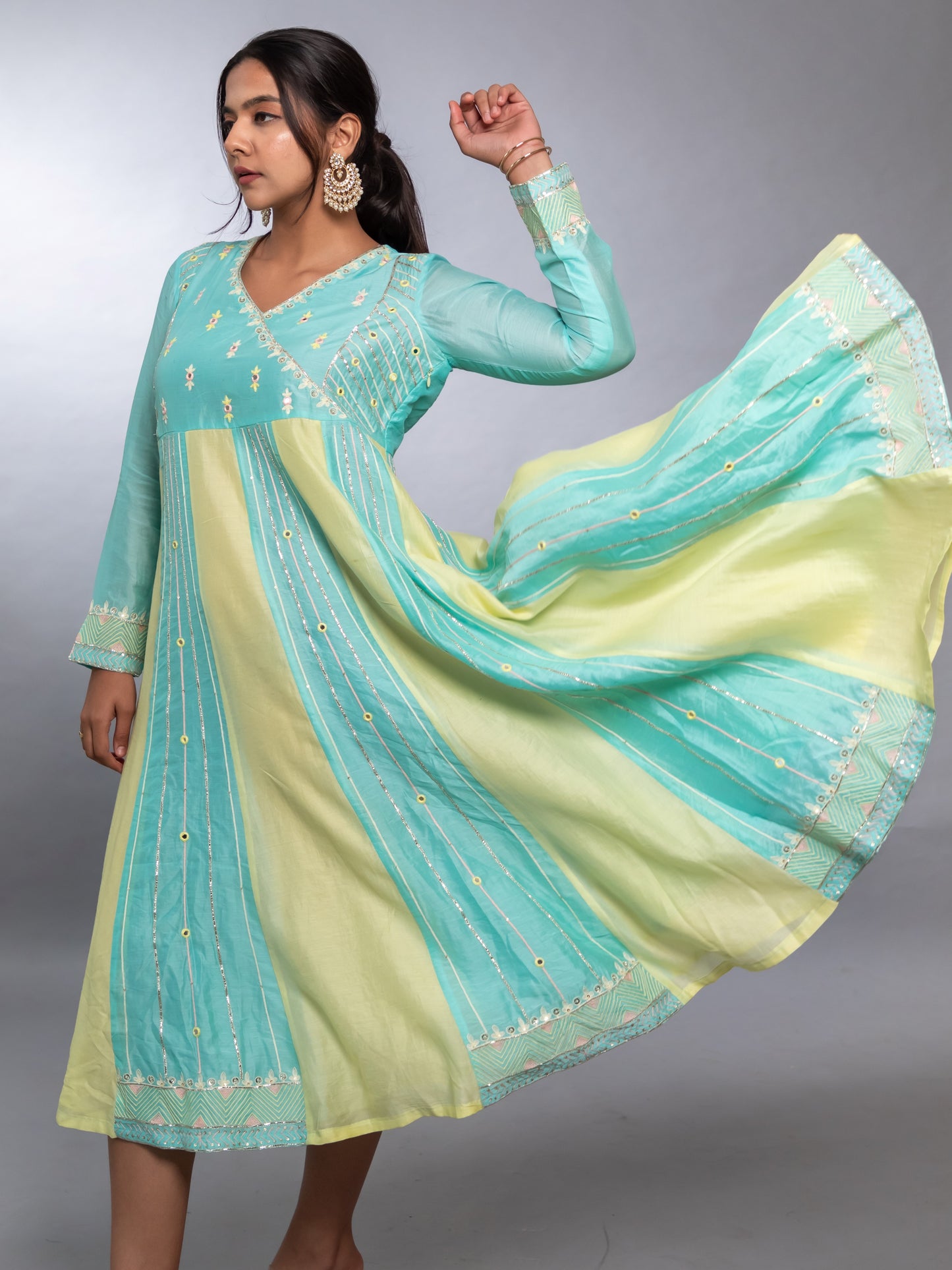 ISHTARA ACQUA BLUE-LEMON YELLOW ANARKALI WITH PALAZO AND SHADED DUPATTA #ISH08