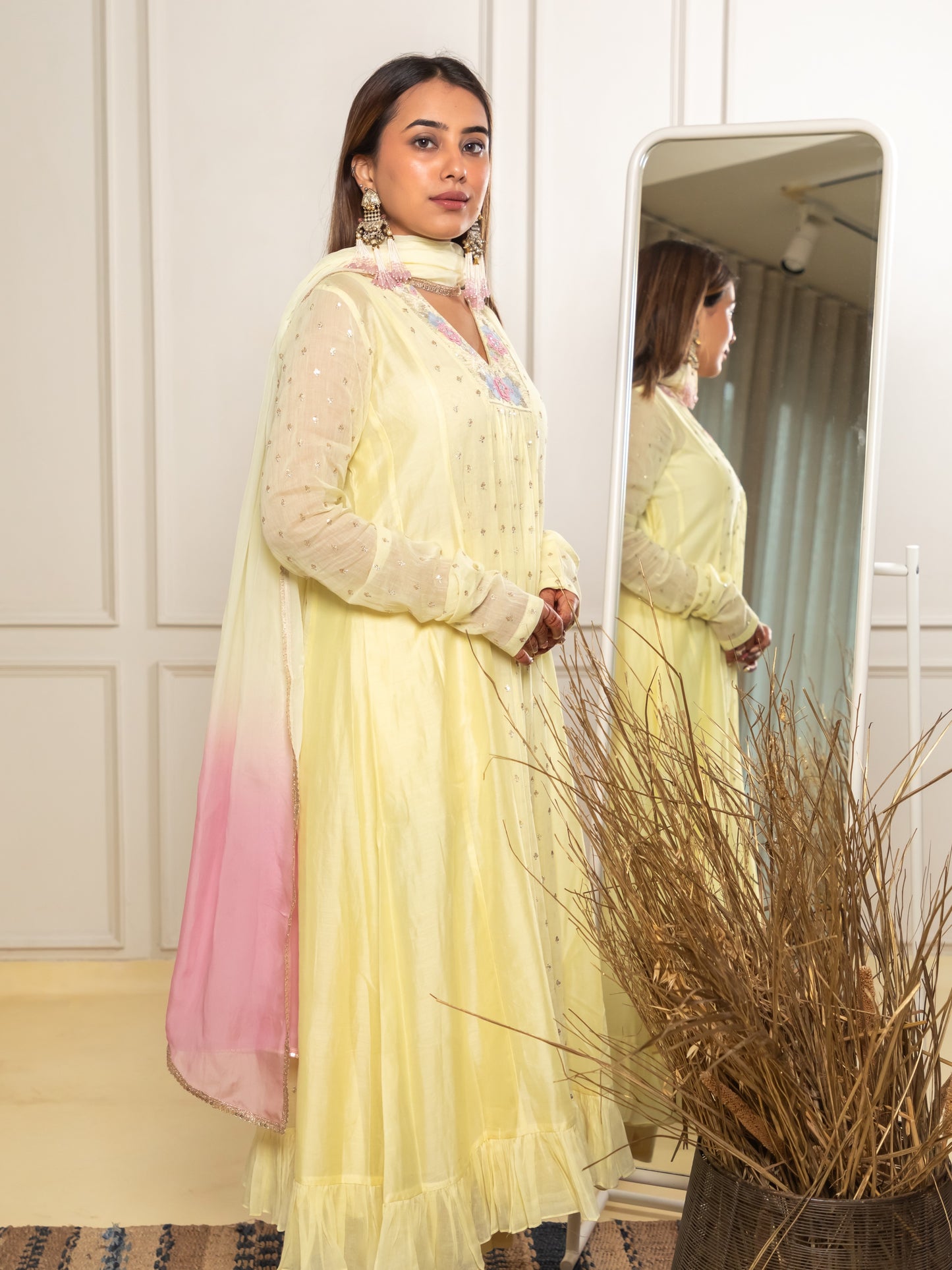 ISHTARA YELLOW PANALLED DRESS WITH PALAZO AND SHADED DUPATTA #ISH05