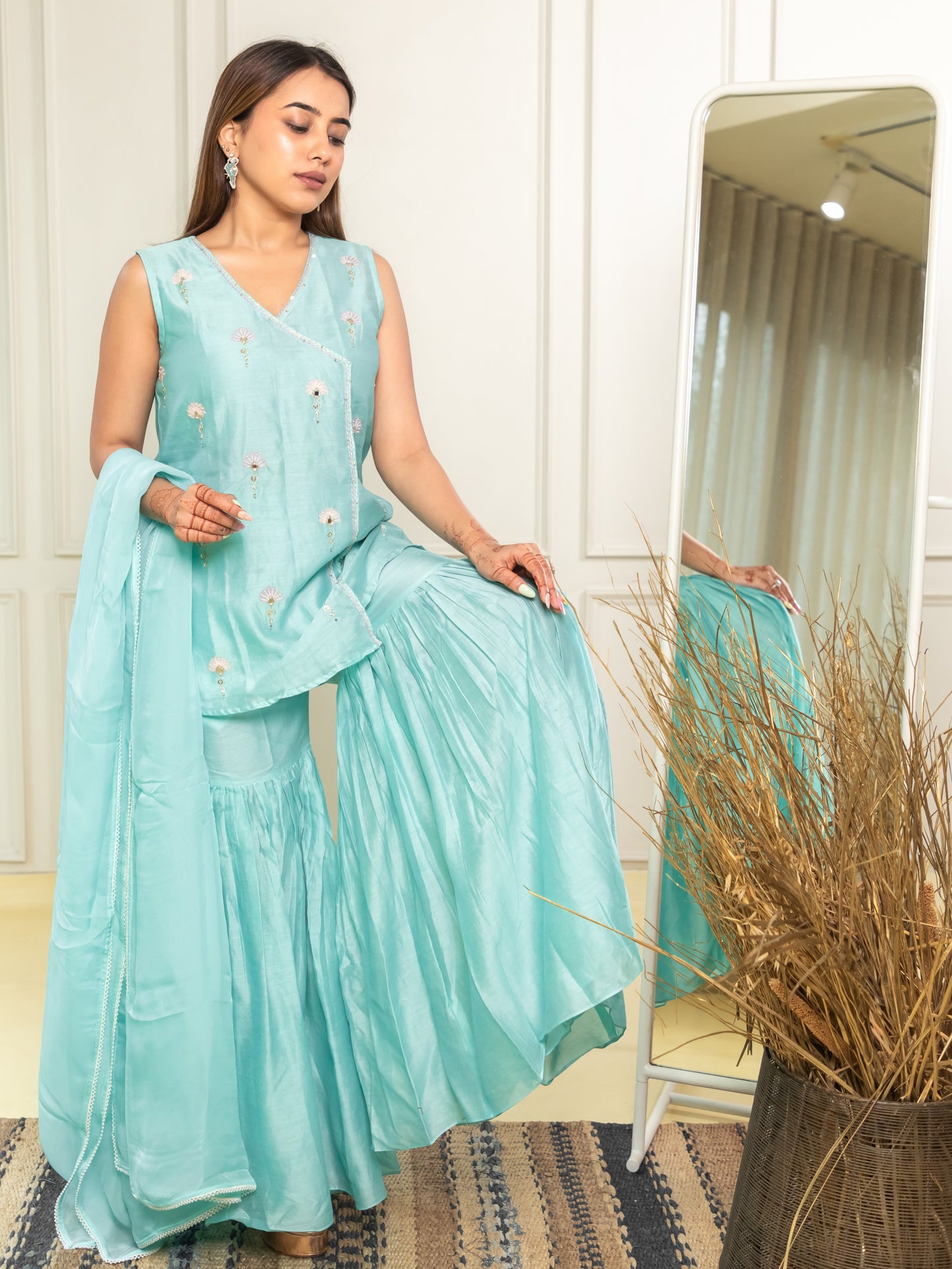 ISHTARA ACQUA BLUE SHORT TOP WITH GHARARA AND DUPATTA #ISH17