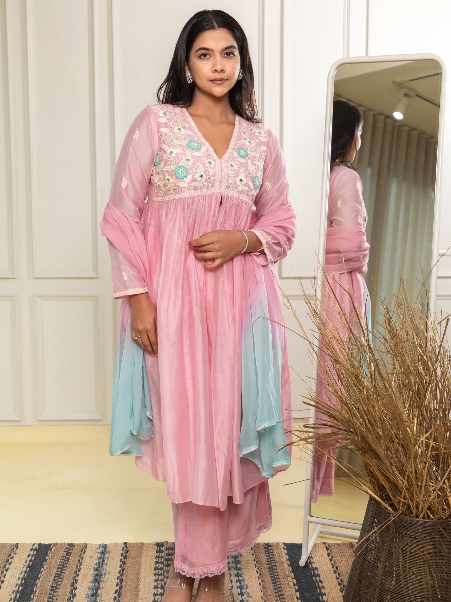 ISHTARA BLUSH PINK NAIRA CUT DRESS WITH PALAZO AND SHADED DUPATTA #ISH18