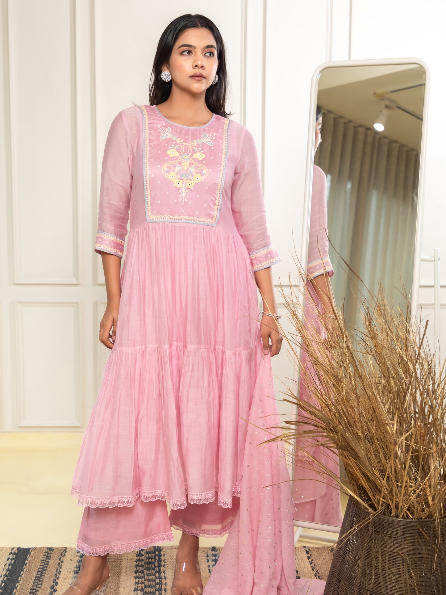 ISHTARA BLUSH PINK YOKE DRESS WITH PALAZO AND DUPATTA #ISH11