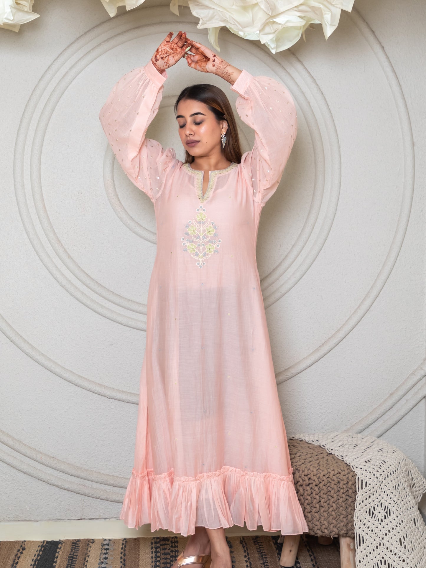 ISHTARA PEACH ANKLE LENGTH DRESS WITH FRILL DETAILS ON HEM #ISH20