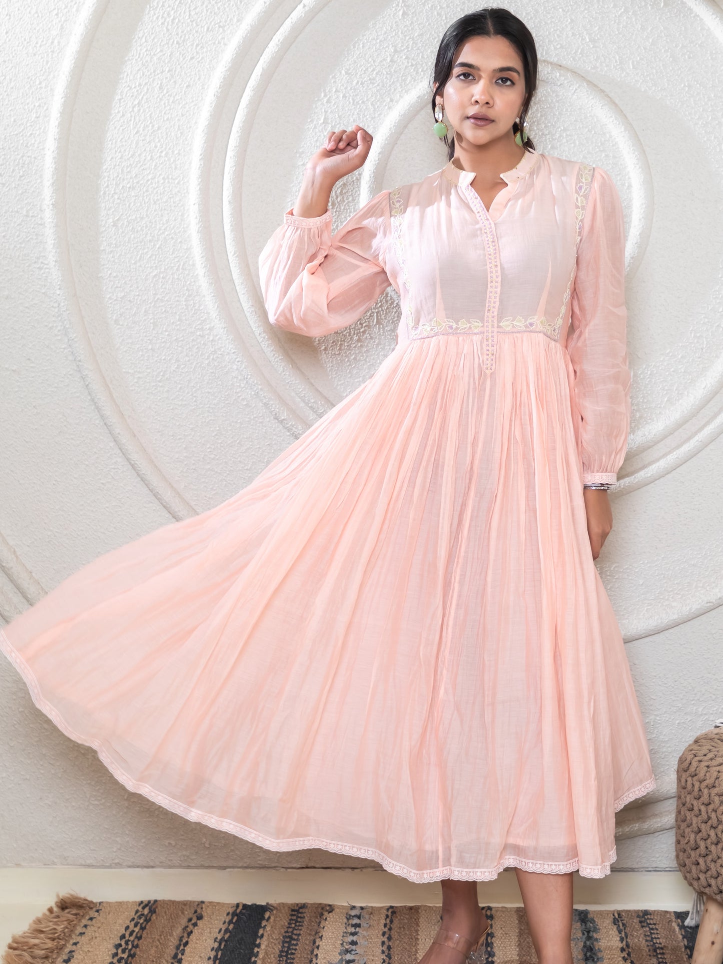 ISHTARA PEACH ANKLE LENGTH PLEATED DRESS #ISH22
