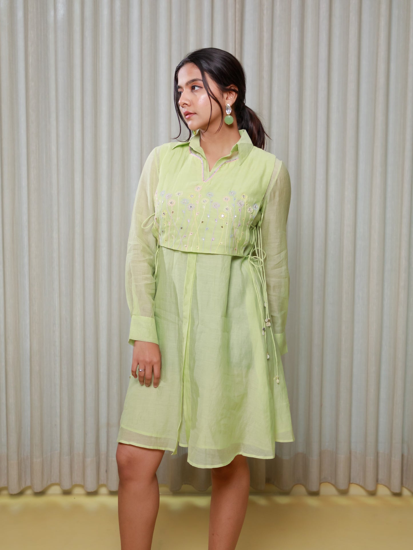 ISHTARA PASTEL GREEN KNEE LENGTH DRESS WITH EMBROIDERED BIB #ISH24