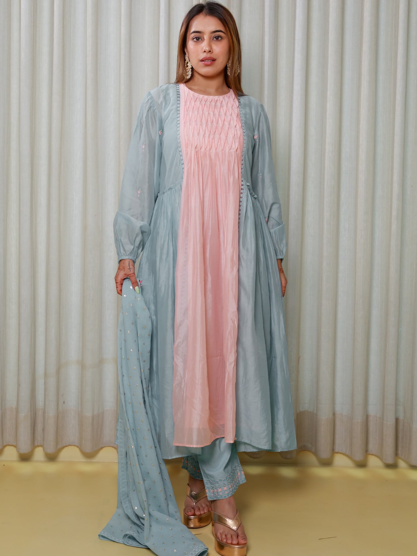 ISHTARA PEACH-BLUE SMOCKING DRESS WITH ANKLE LENGTH PANT #ISH25