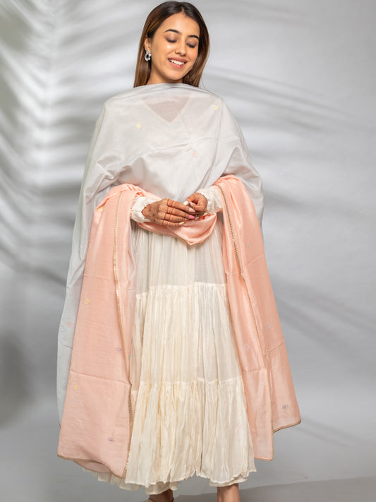 White Chanderi dress with shaded dupatta – perfect festive wear by Ishtara