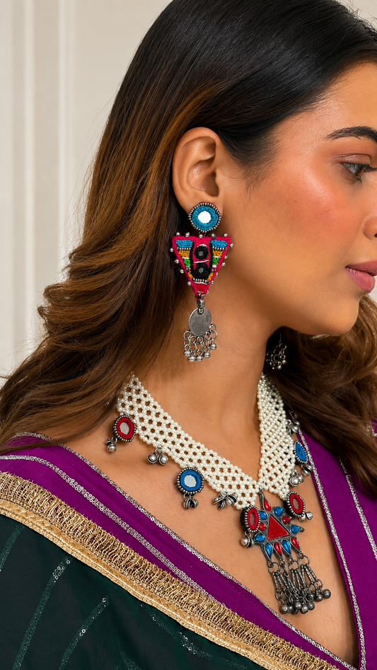 Turquoise Tribal Embroidered Earrings KVDE1326