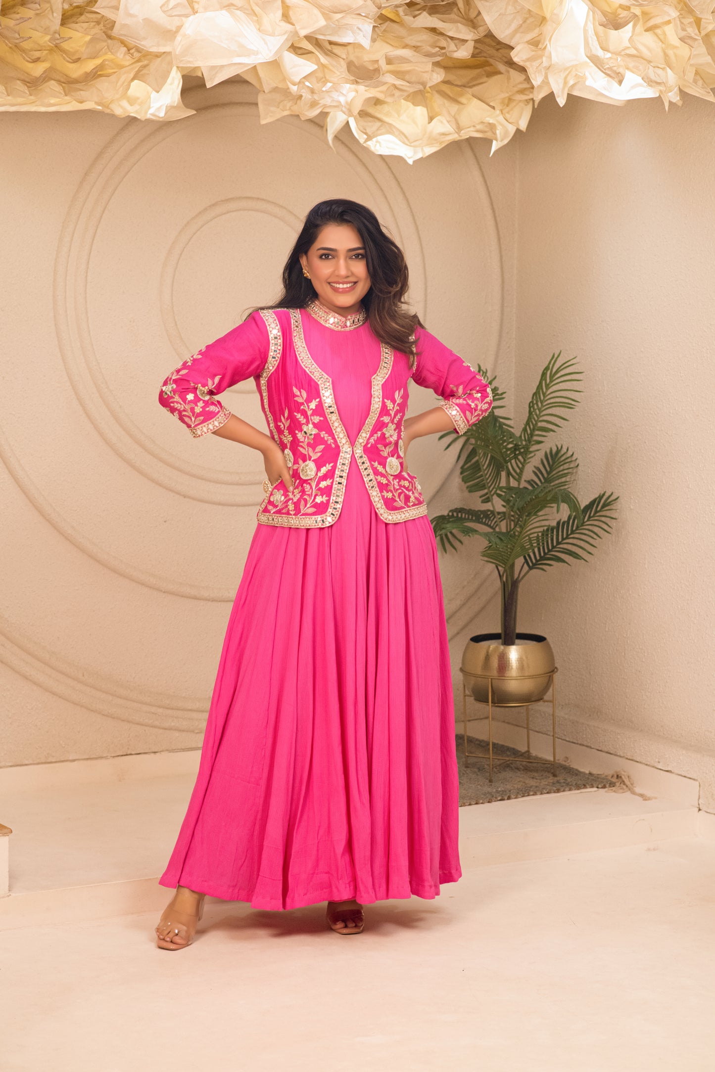 ISHTARA'S FUCHSIA PINK GOWN WITH EMBROIDERED SHORT JACKET #NAV01