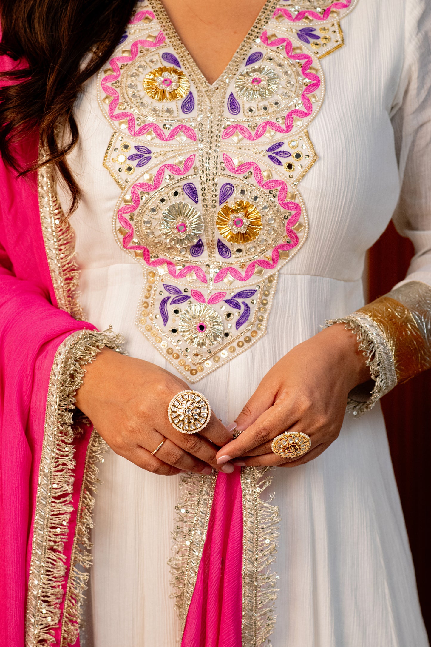 ISHTARA'S DOVE WHITE ANARKALI WITH PANTS AND FUCHSIA PINK EMBROIDERED DUPATTA #NAV02