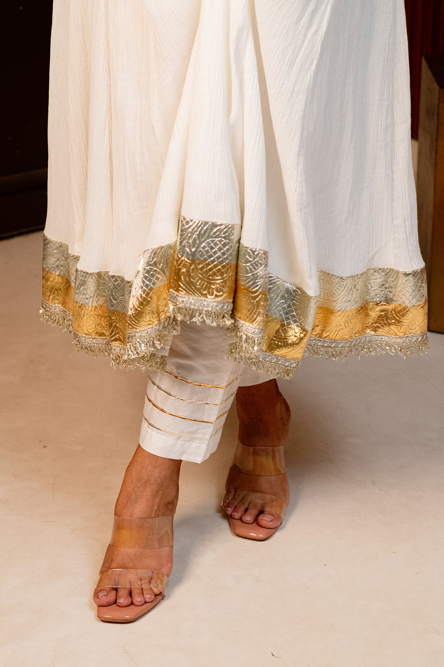 ISHTARA'S DOVE WHITE ANARKALI WITH PANTS AND FUCHSIA PINK EMBROIDERED DUPATTA #NAV02