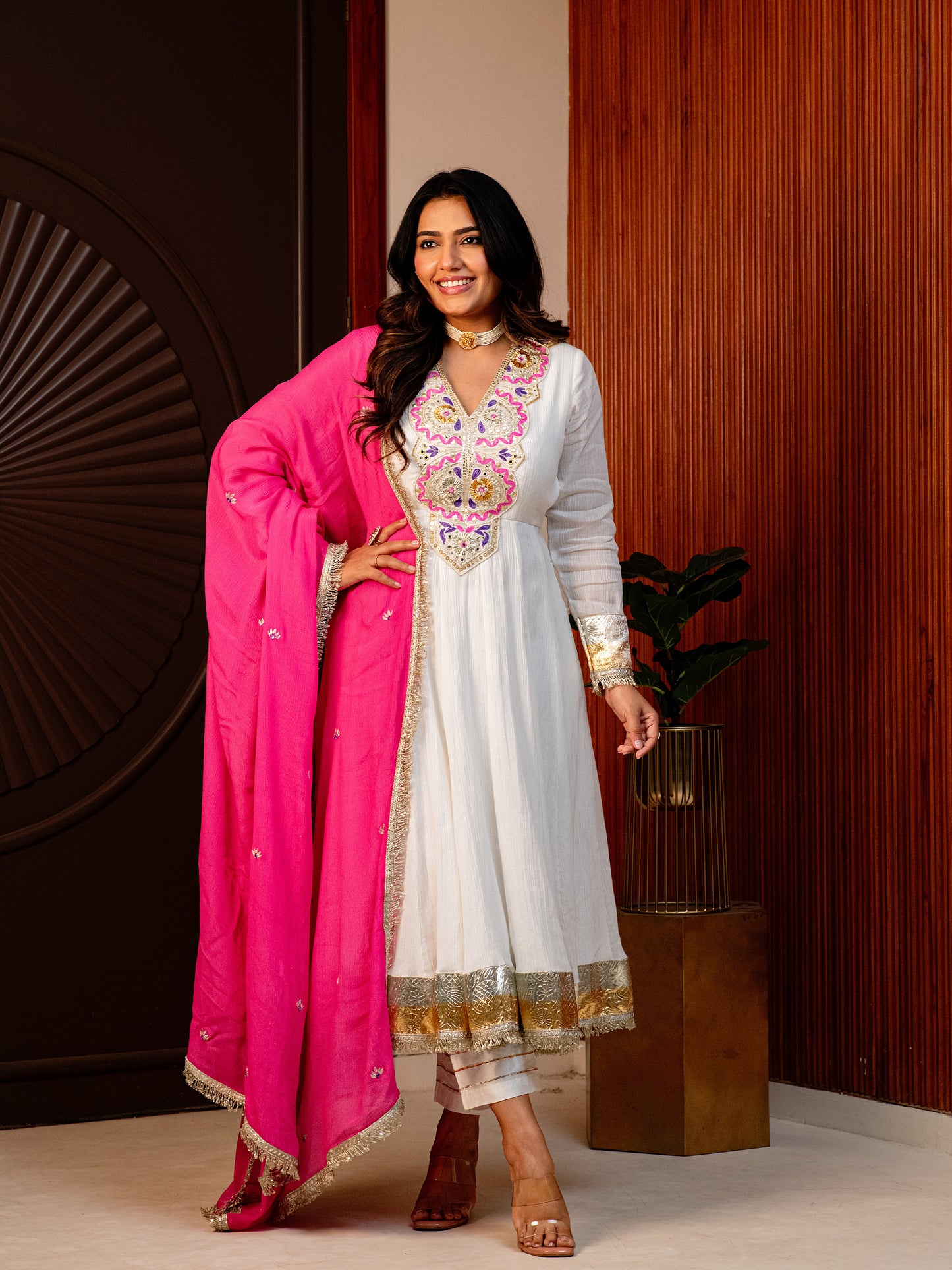 ISHTARA'S DOVE WHITE ANARKALI WITH PANTS AND FUCHSIA PINK EMBROIDERED DUPATTA #NAV02