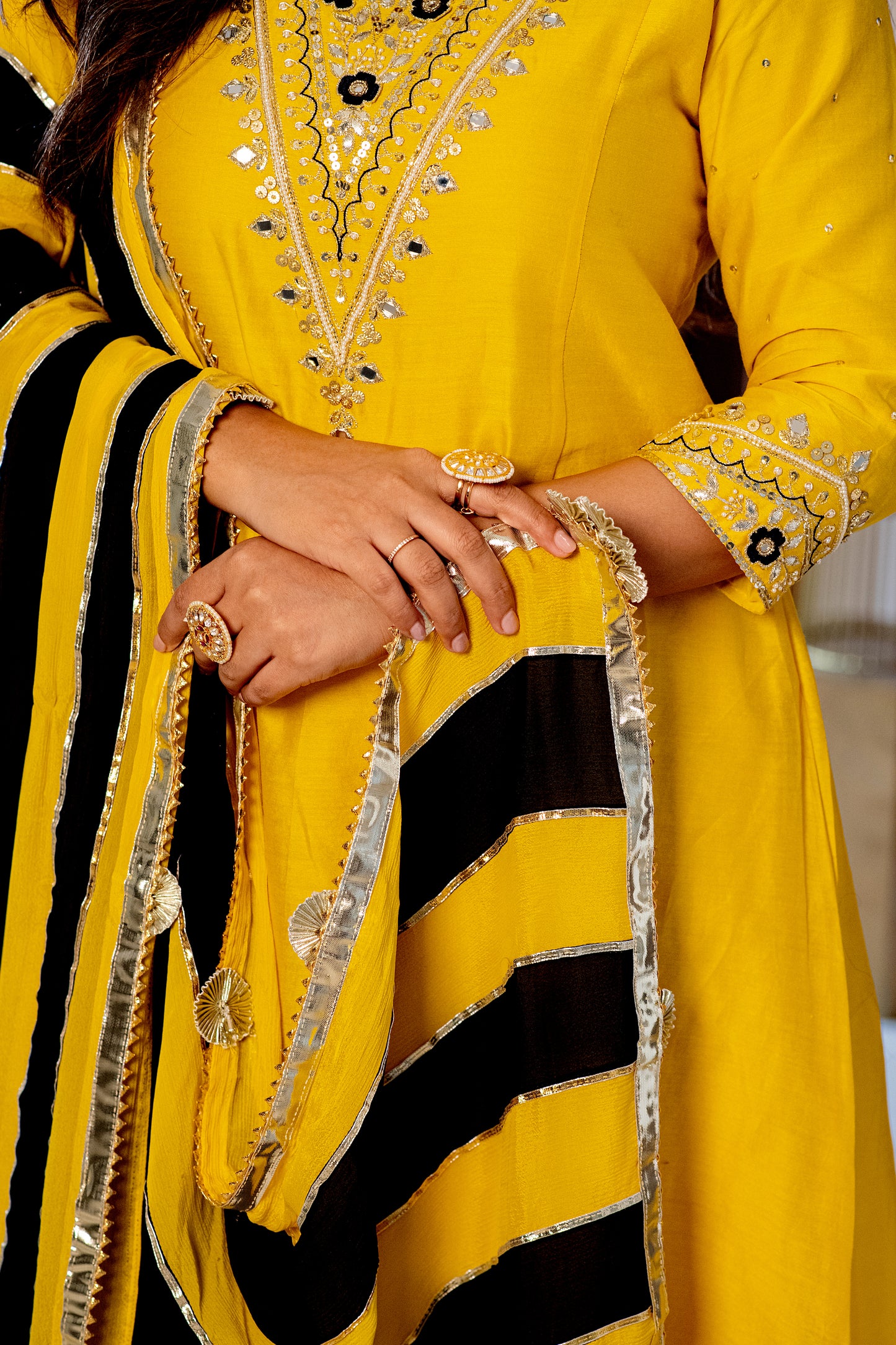 ISHTARA'S YELLOW A-LINE KURTA WITH PALAZO & PANELLED DUPATTA #NAV03