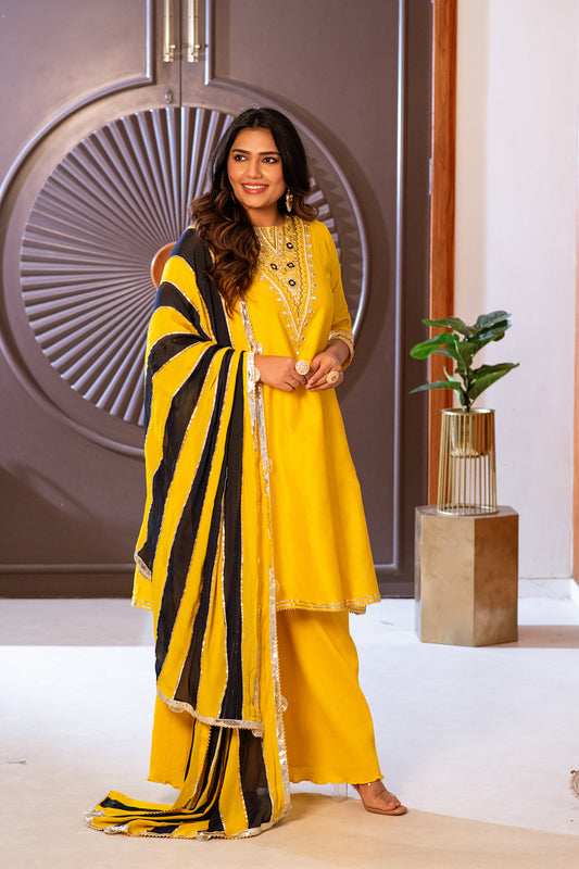 ISHTARA'S YELLOW A-LINE KURTA WITH PALAZO & PANELLED DUPATTA #NAV03