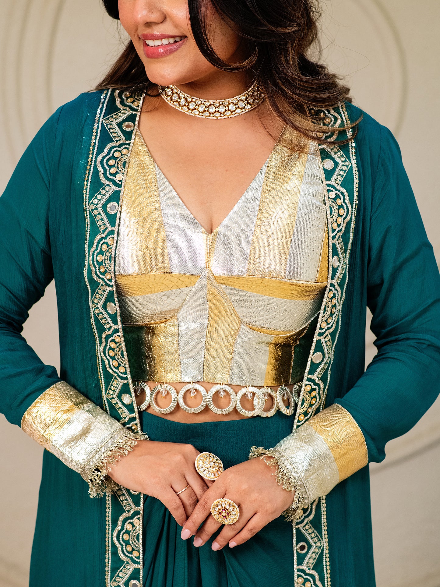 ISHTARA'S EMERALD GREEN DRAPE SKIRT WITH LAMPI LACE BLOUSE AND LONG JACKET #NAV04