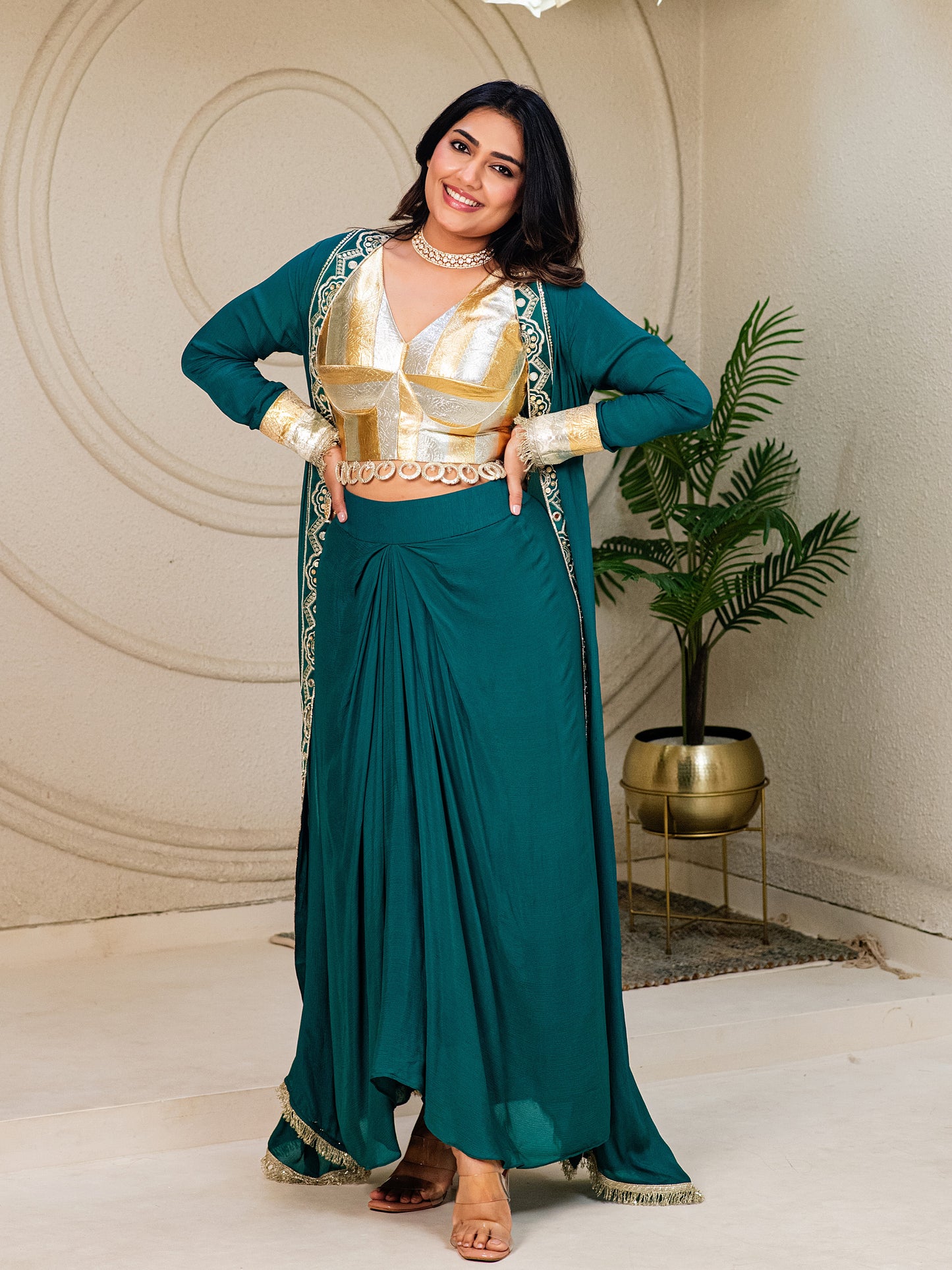 ISHTARA'S EMERALD GREEN DRAPE SKIRT WITH LAMPI LACE BLOUSE AND LONG JACKET #NAV04
