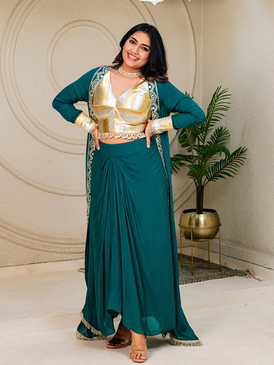 ISHTARA'S EMERALD GREEN DRAPE SKIRT WITH LAMPI LACE BLOUSE AND LONG JACKET #NAV04