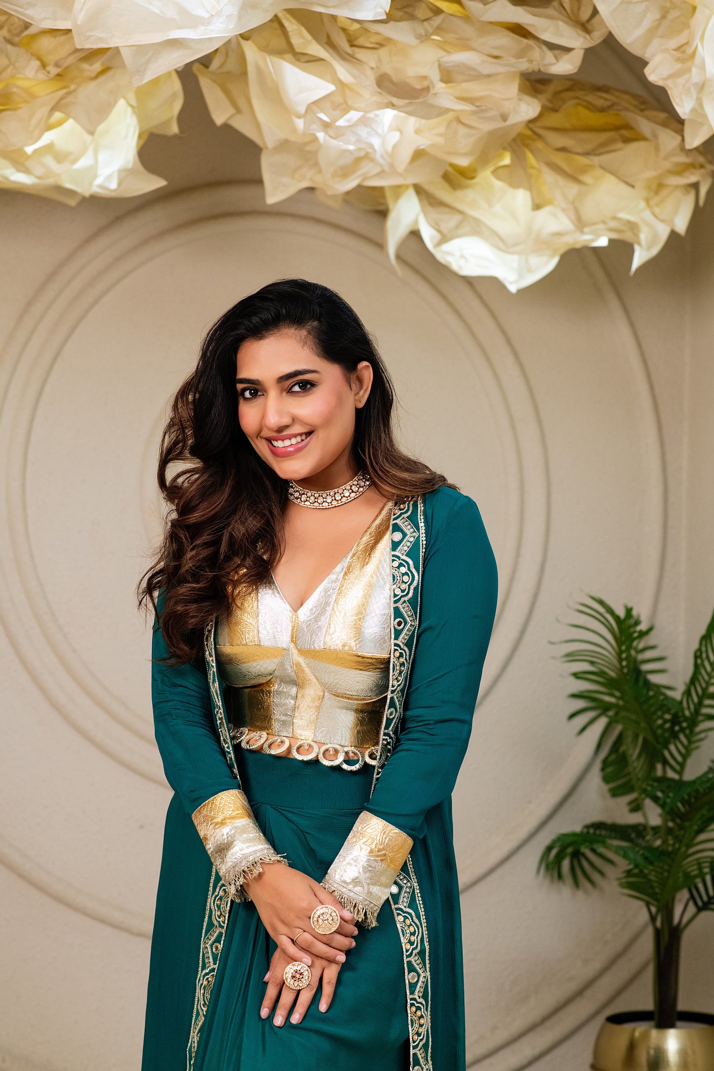 ISHTARA'S EMERALD GREEN DRAPE SKIRT WITH LAMPI LACE BLOUSE AND LONG JACKET #NAV04