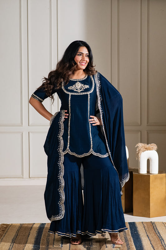 ISHTARA'S MIDNIGHT BLUE SHORT KURTA WITH A FLOWY GHARARA WITH A DUPATTA #NAV06