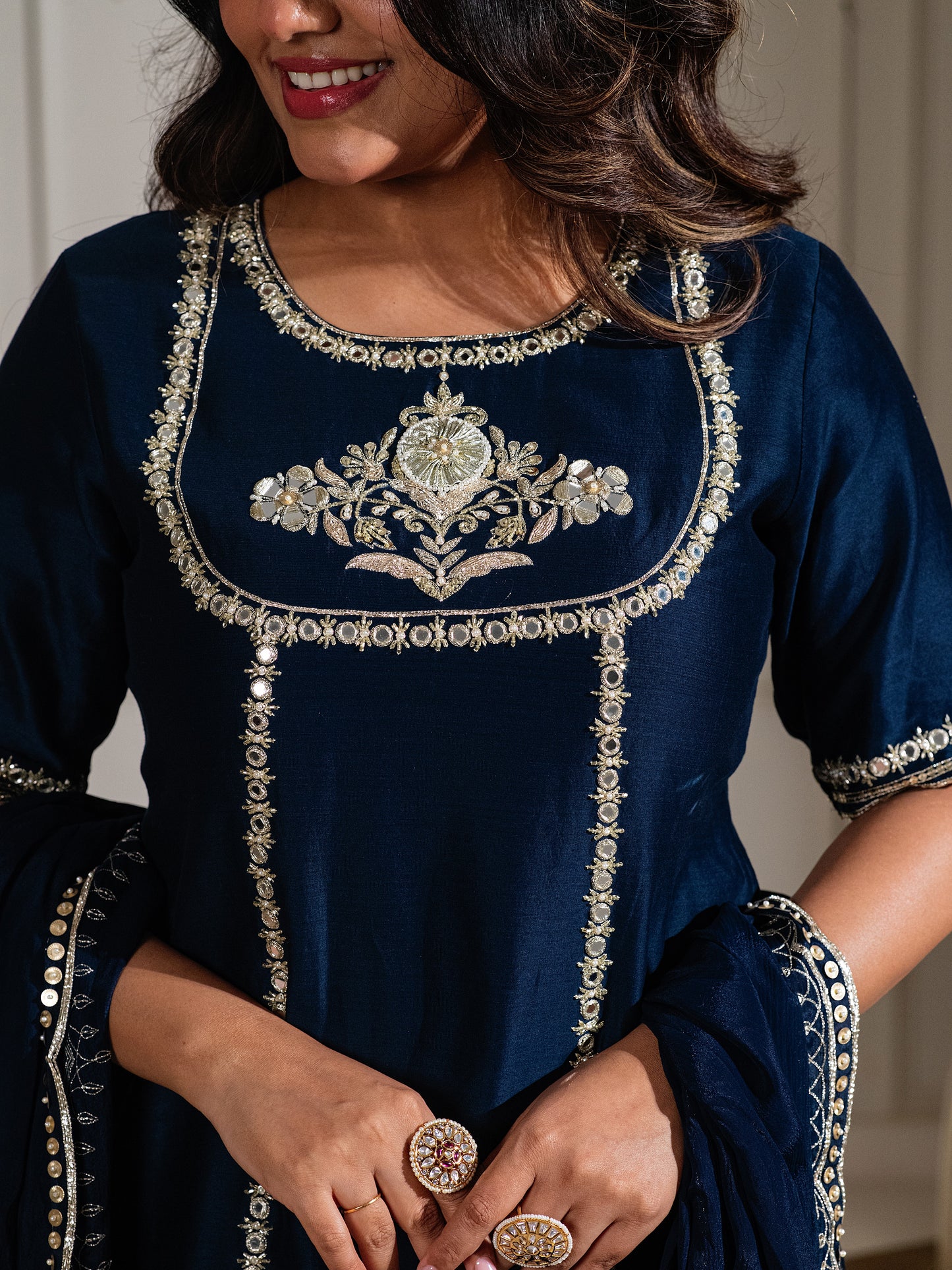 ISHTARA'S MIDNIGHT BLUE SHORT KURTA WITH A FLOWY GHARARA WITH A DUPATTA #NAV06