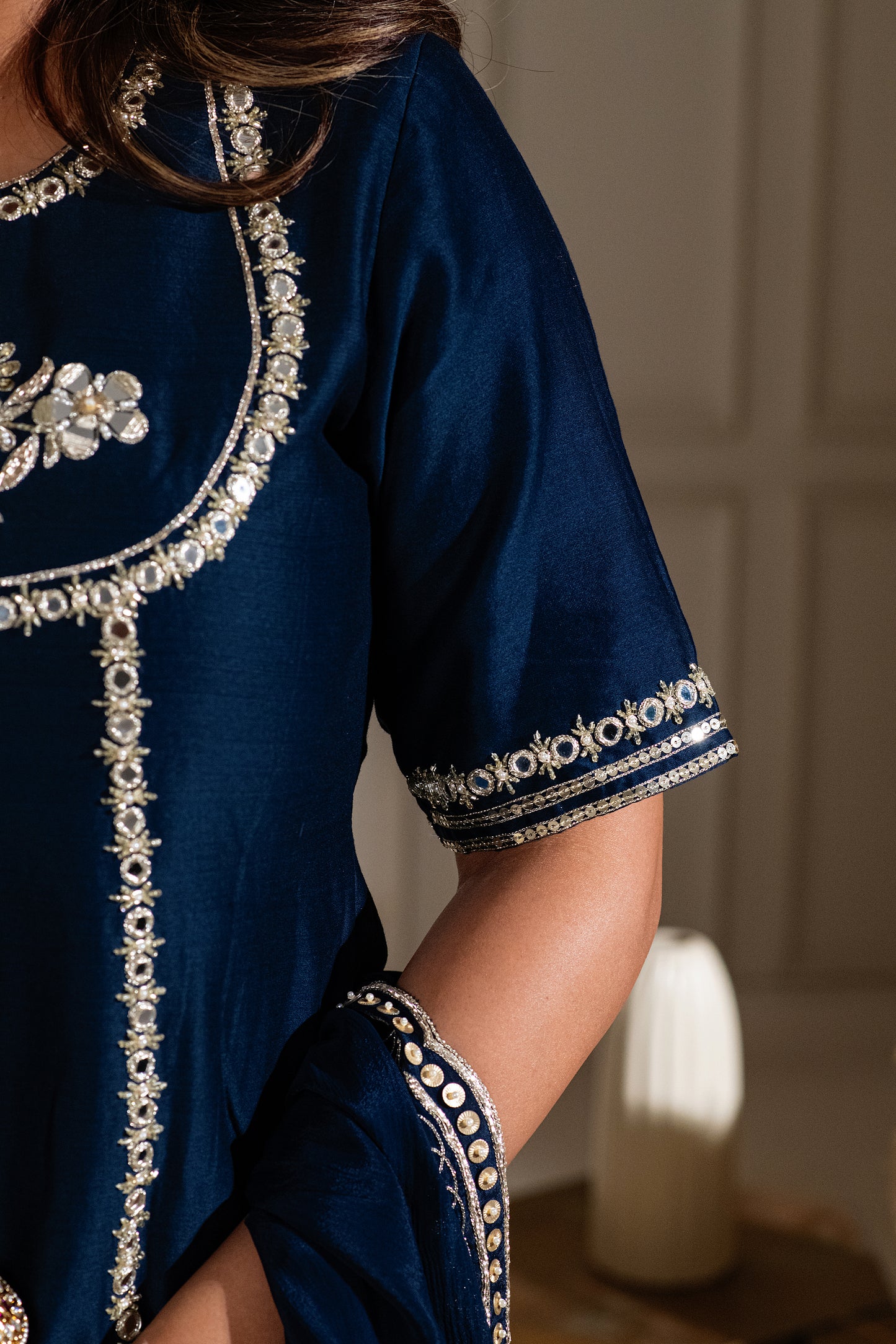 ISHTARA'S MIDNIGHT BLUE SHORT KURTA WITH A FLOWY GHARARA WITH A DUPATTA #NAV06