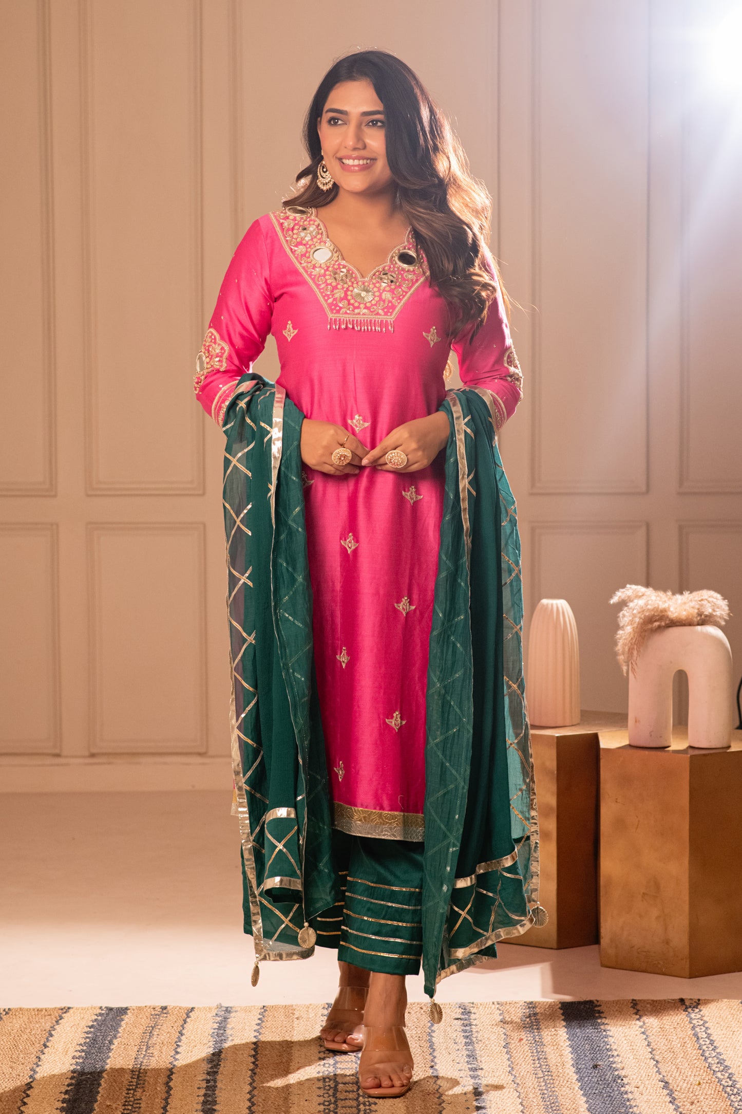 ISHTARA'S FUCHSIA PINK STRAIGHT FIT KURTA WITH GREEN PANTS AND DUPATTA #NAV07