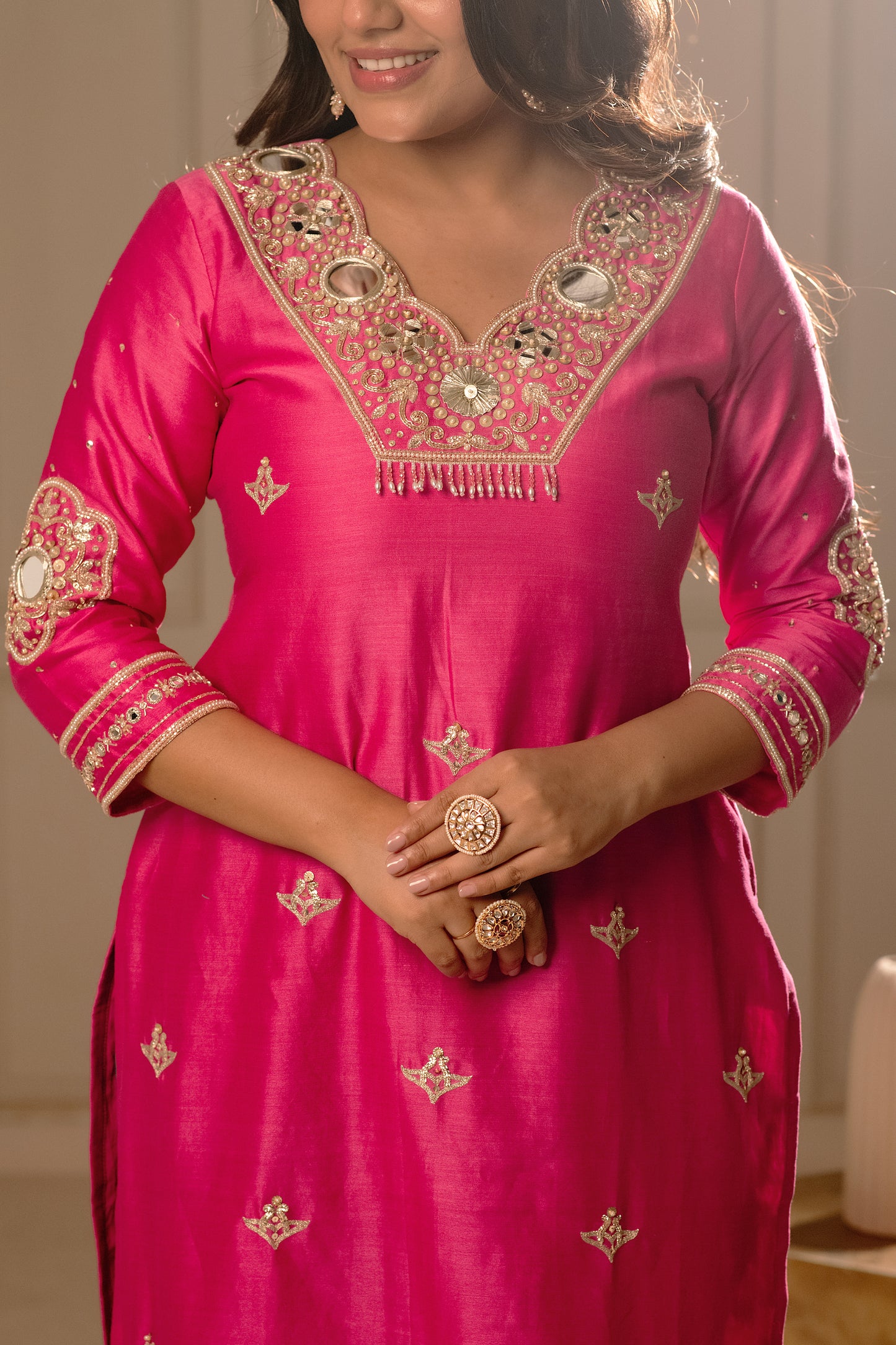 ISHTARA'S FUCHSIA PINK STRAIGHT FIT KURTA WITH GREEN PANTS AND DUPATTA #NAV07