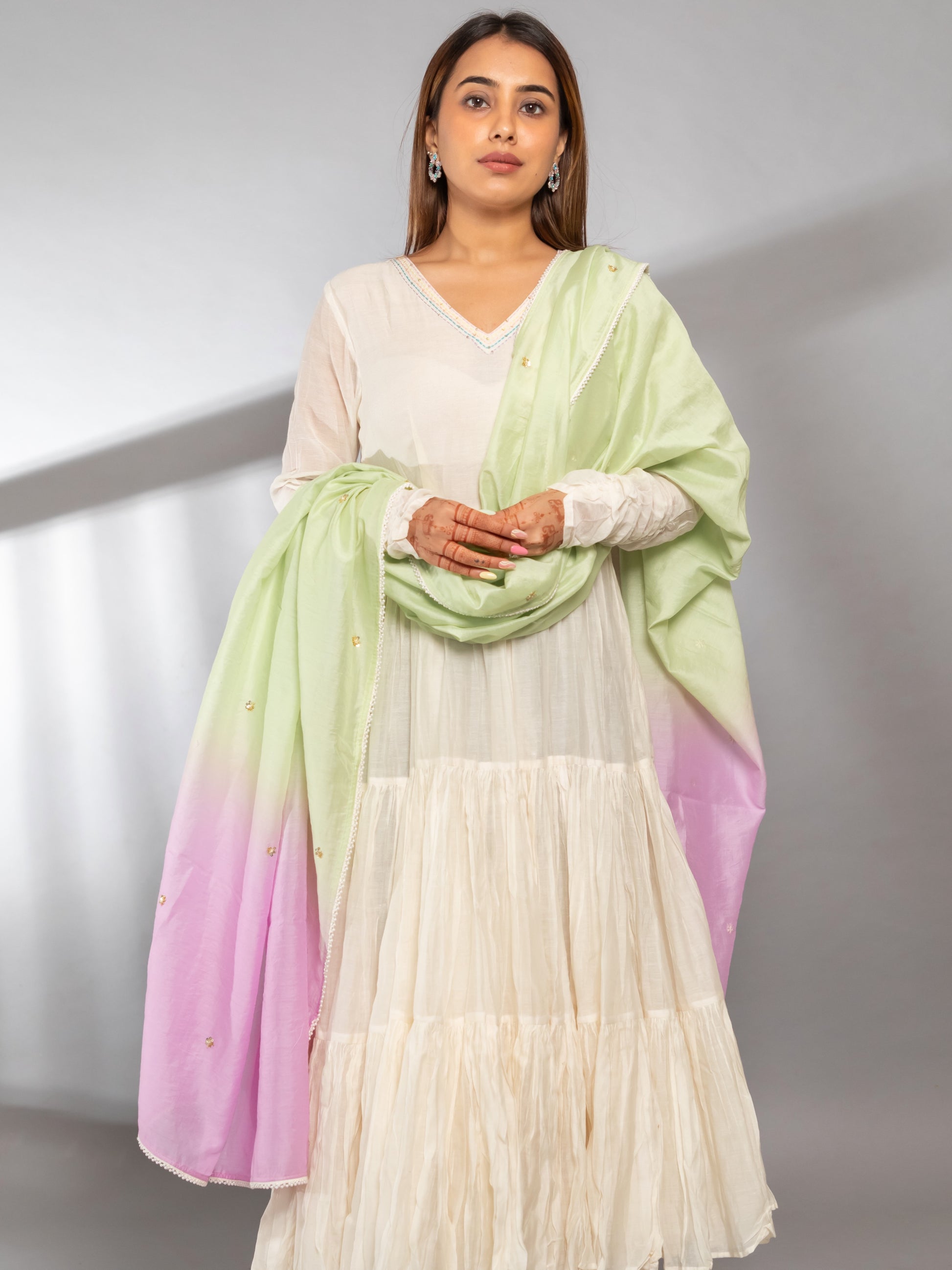imeless White Chanderi Dress by Ishtara with Graceful Green-Lavender Dupatta