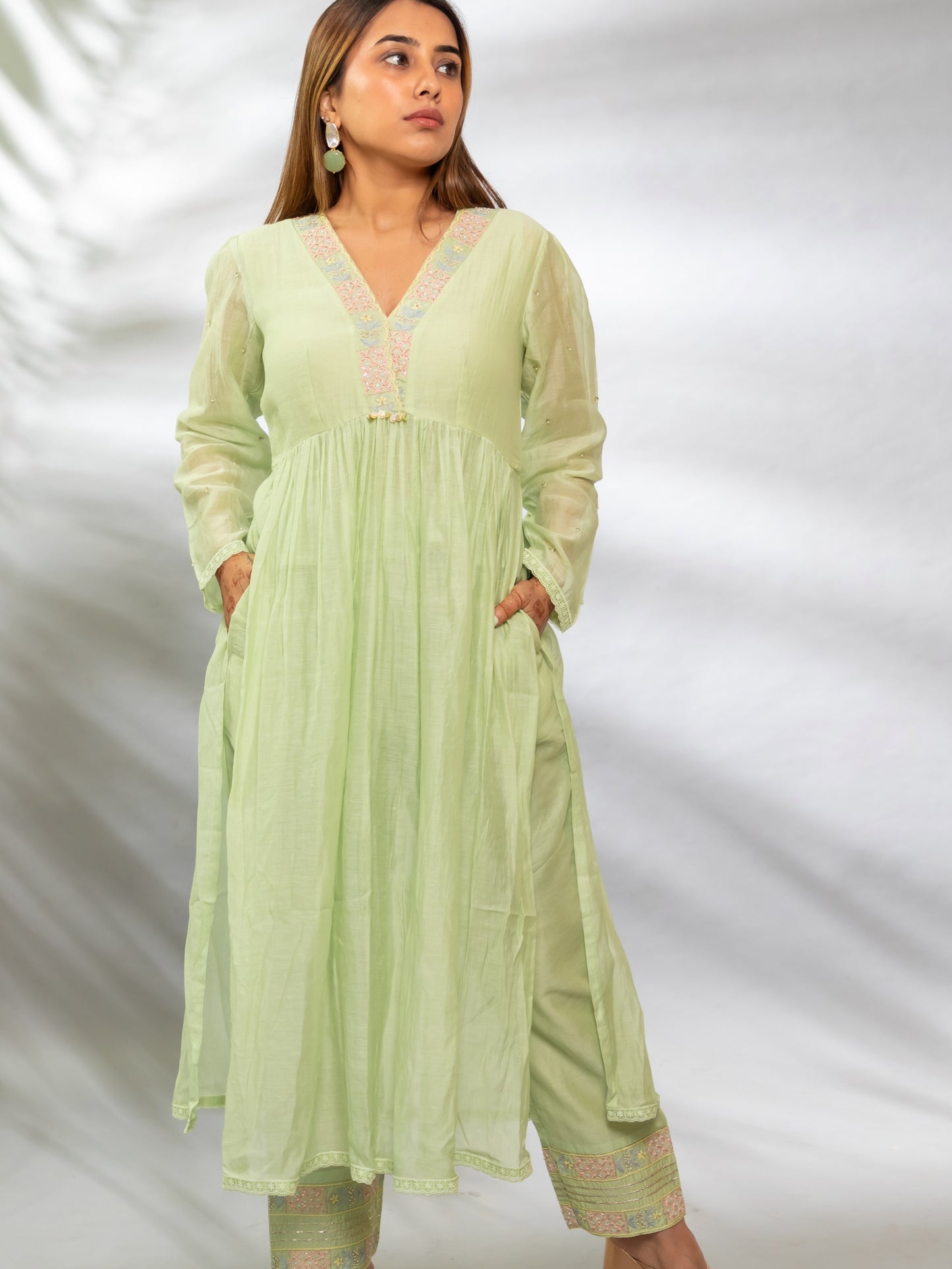 Stylish Indian Wear – Pastel Green V-Neck Kurta Set with Dupatta