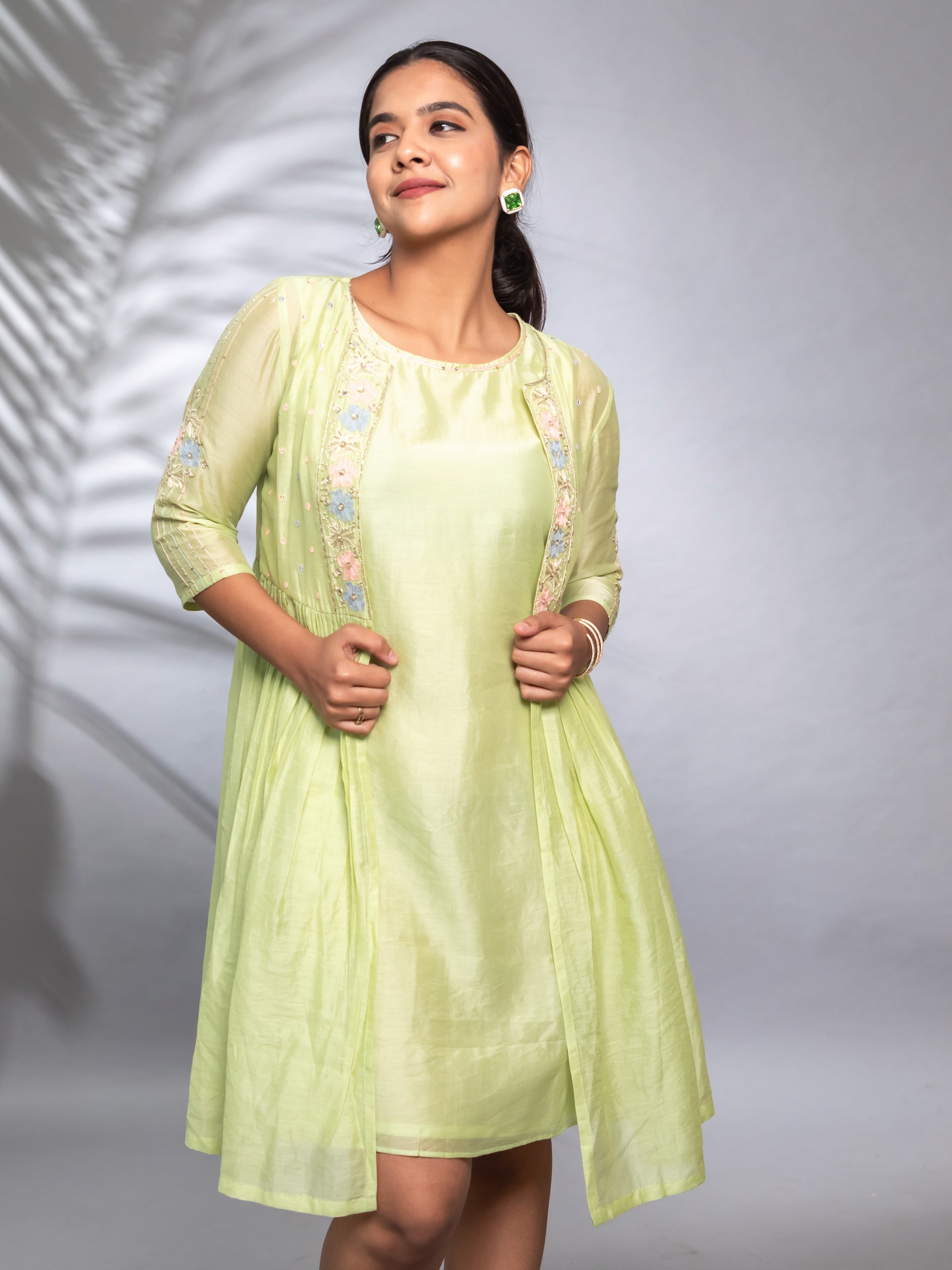 Chic Ethnic Outfit – Pastel Green Dress with Matching Jacket by Ishtara.