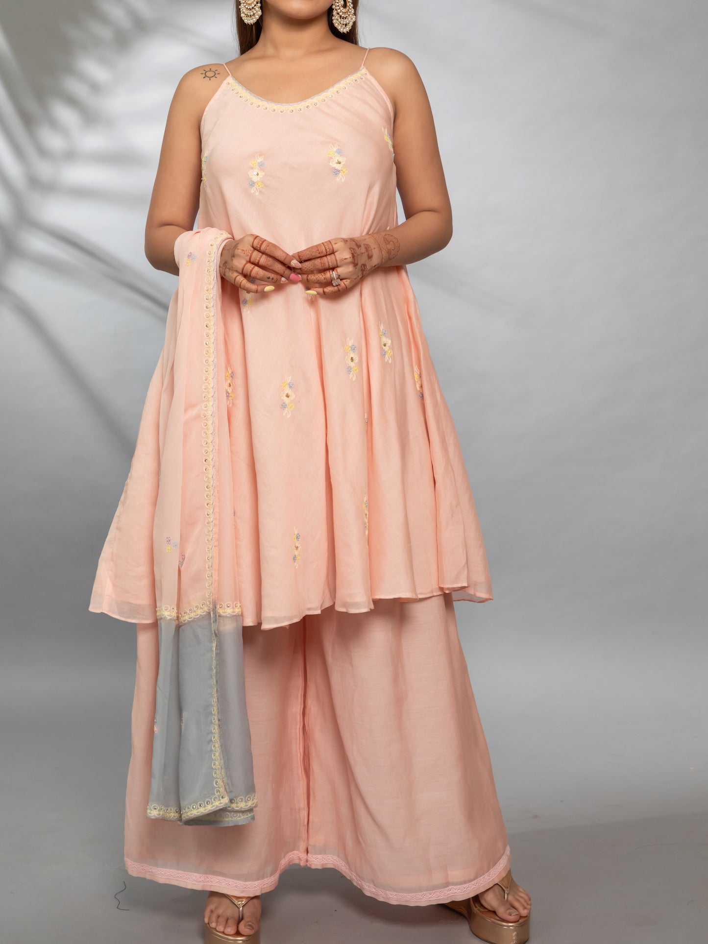 Timeless Indian Outfit – Peach A-Line Dress Set with Matching Dupatta.