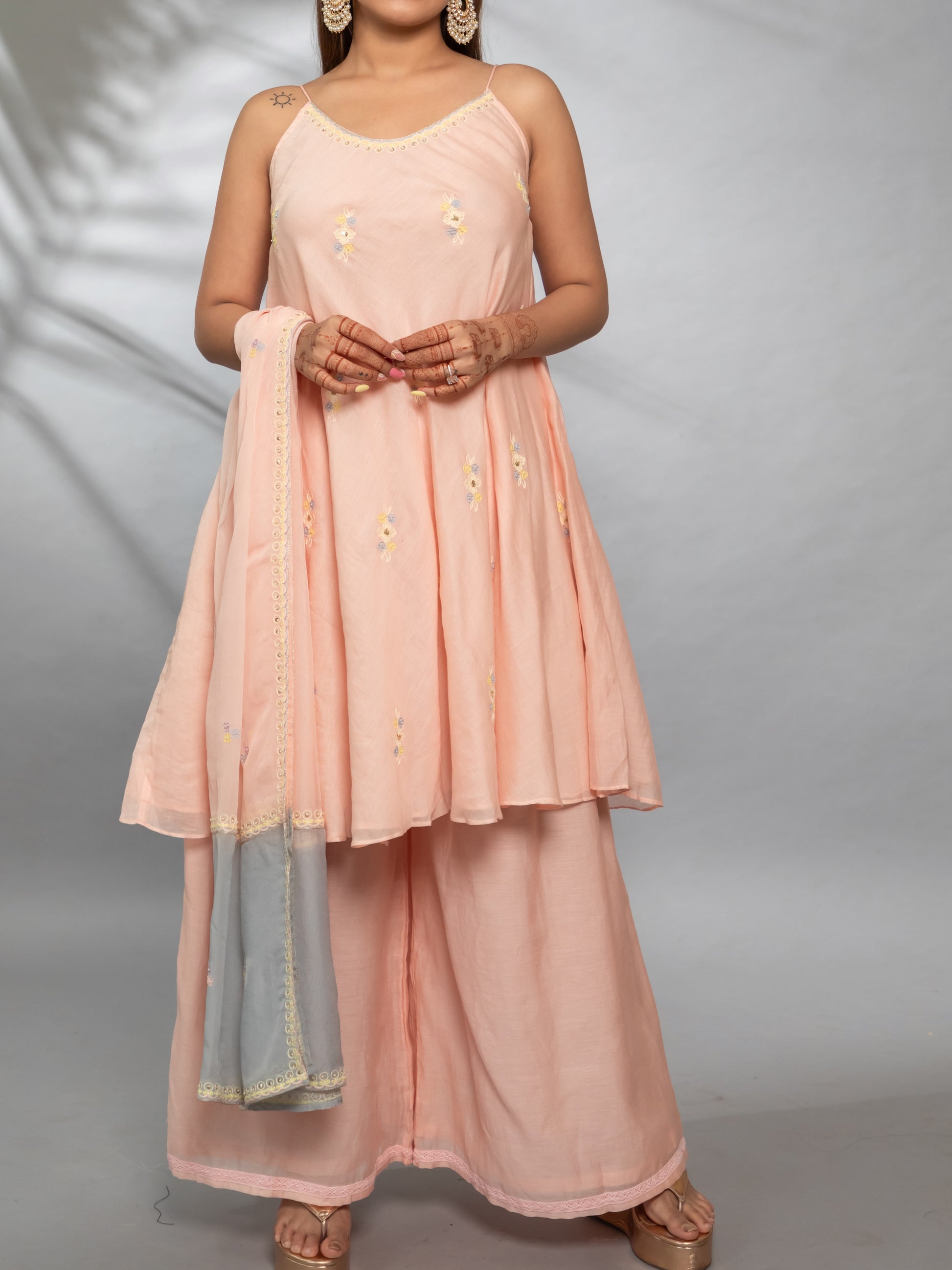 Timeless Indian Outfit – Peach A-Line Dress Set with Matching Dupatta.