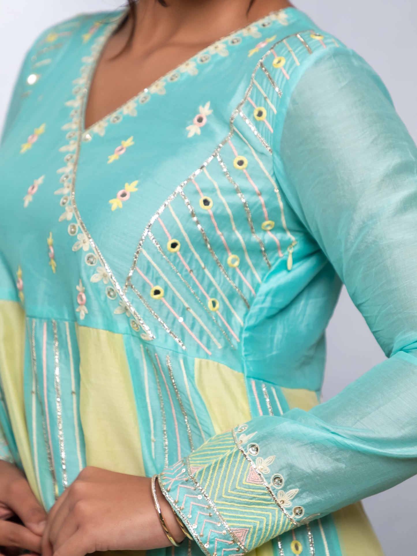 ISHTARA  ACQUA BLUE-LEMON YELLOW ANARKALI WITH PALAZO AND SHADED DUPATTA #ISH08