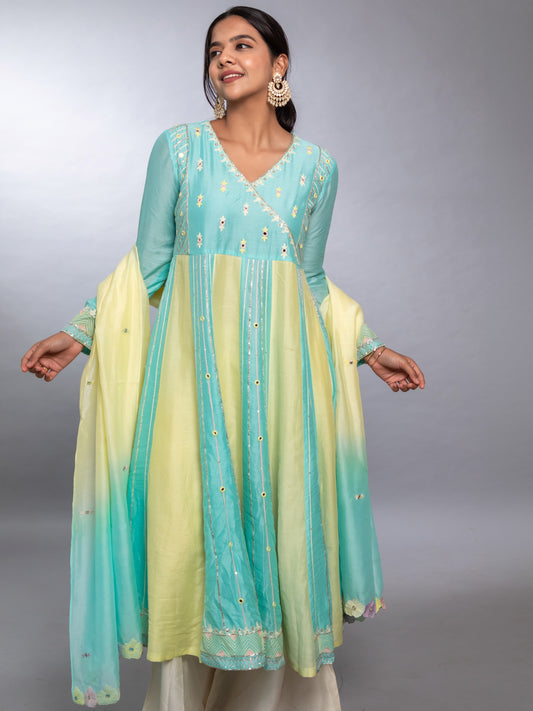 Vibrant Acqua Blue and Yellow Ethnic Outfit – Stylish Palazzo Set by Ishtara