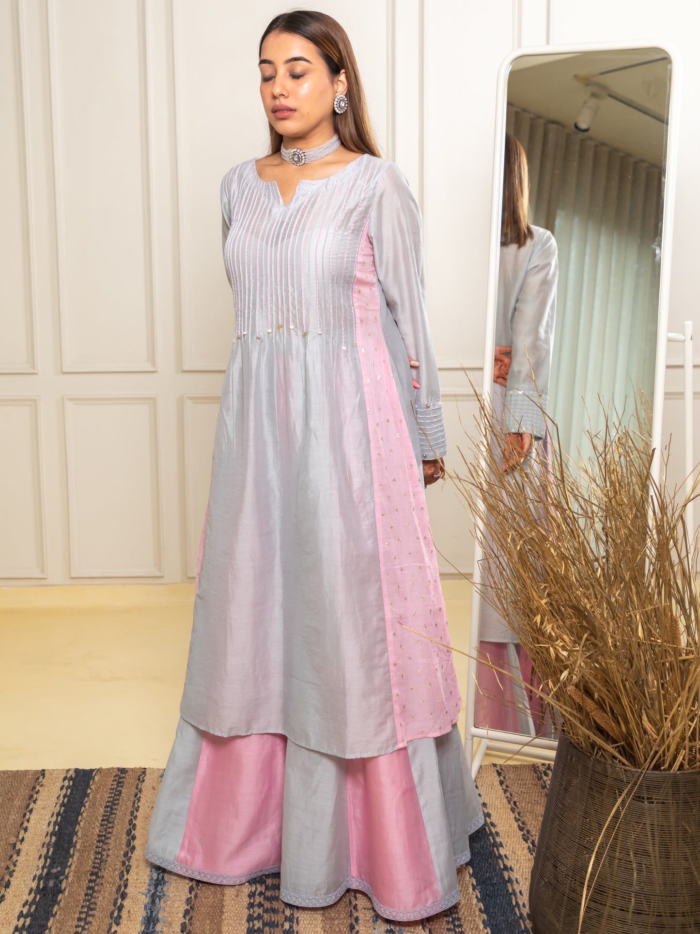 ISHTARA GREY PIN TUCKS DRESS WITH KALI PALAZO AND DUPATTA #ISH07