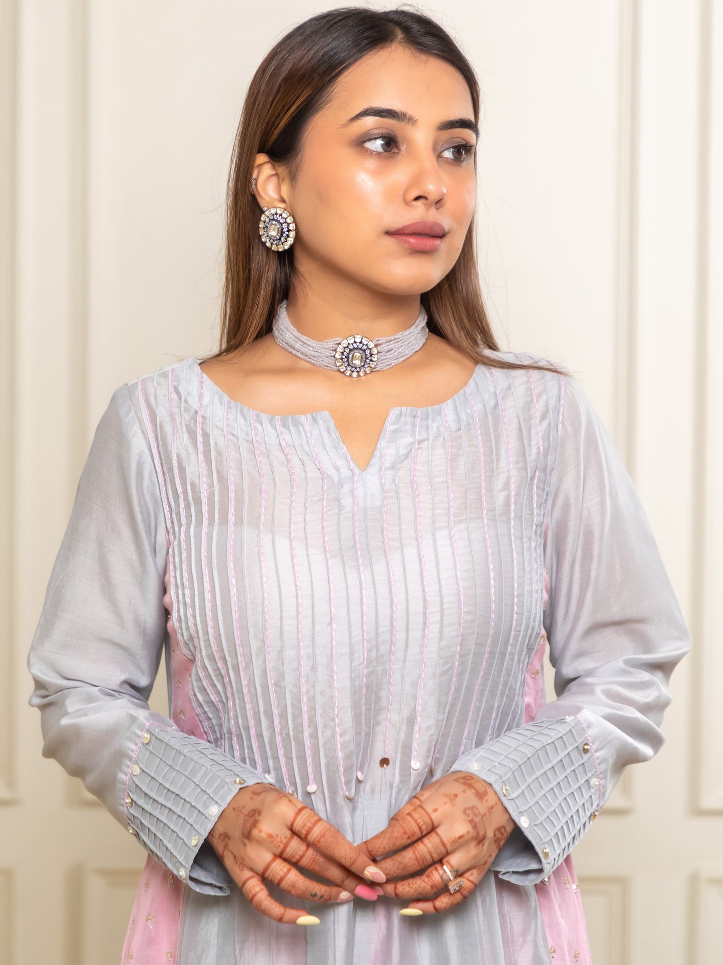 ISHTARA GREY PIN TUCKS DRESS WITH KALI PALAZO AND DUPATTA #ISH07