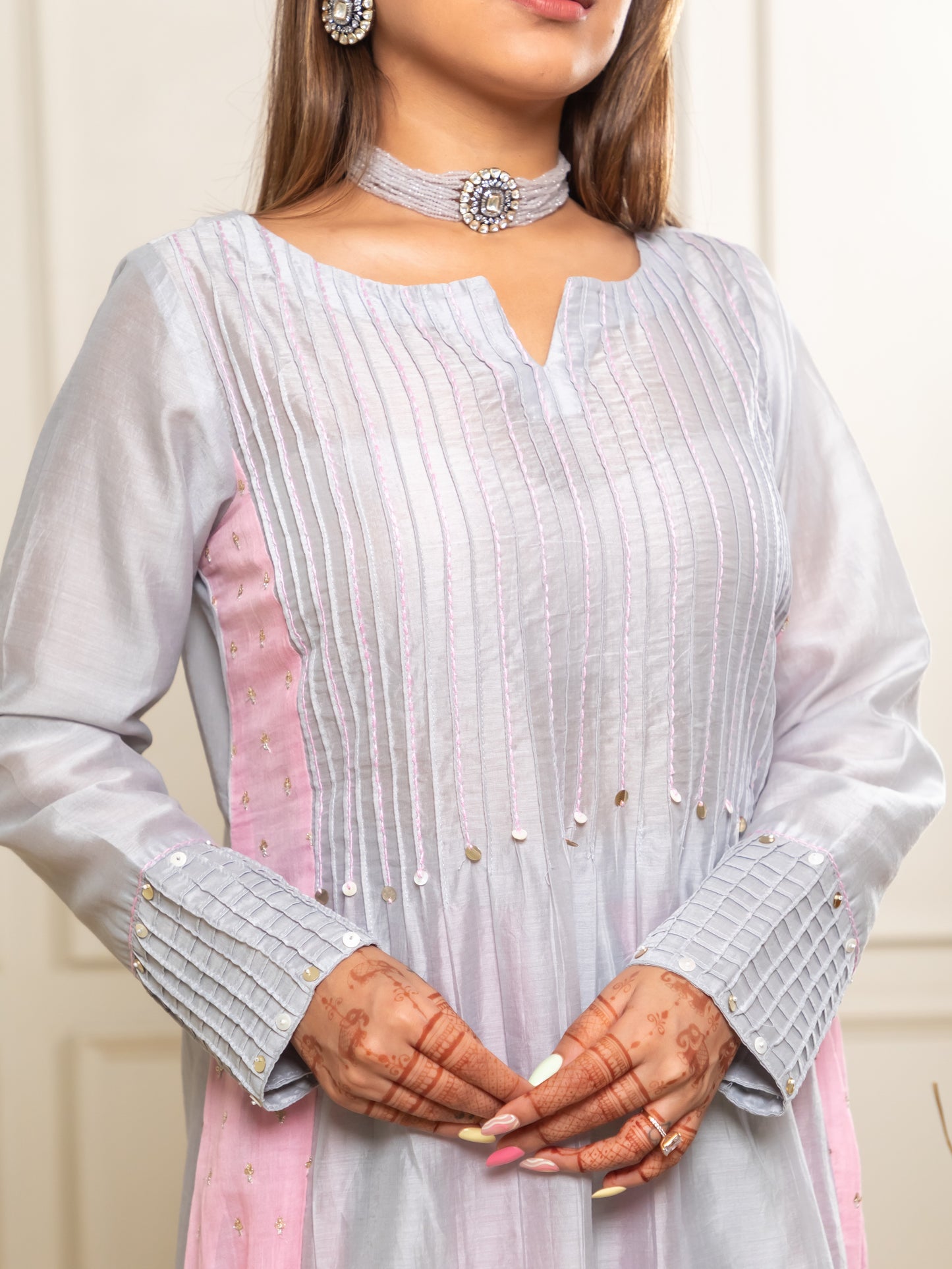ISHTARA GREY PIN TUCKS DRESS WITH KALI PALAZO AND DUPATTA #ISH07