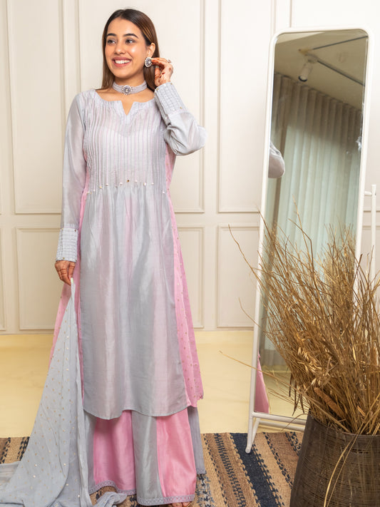 Ishtara Grey Pin Tucks Dress with Kali Palazzo and Dupatta – Elegant Indian Outfit