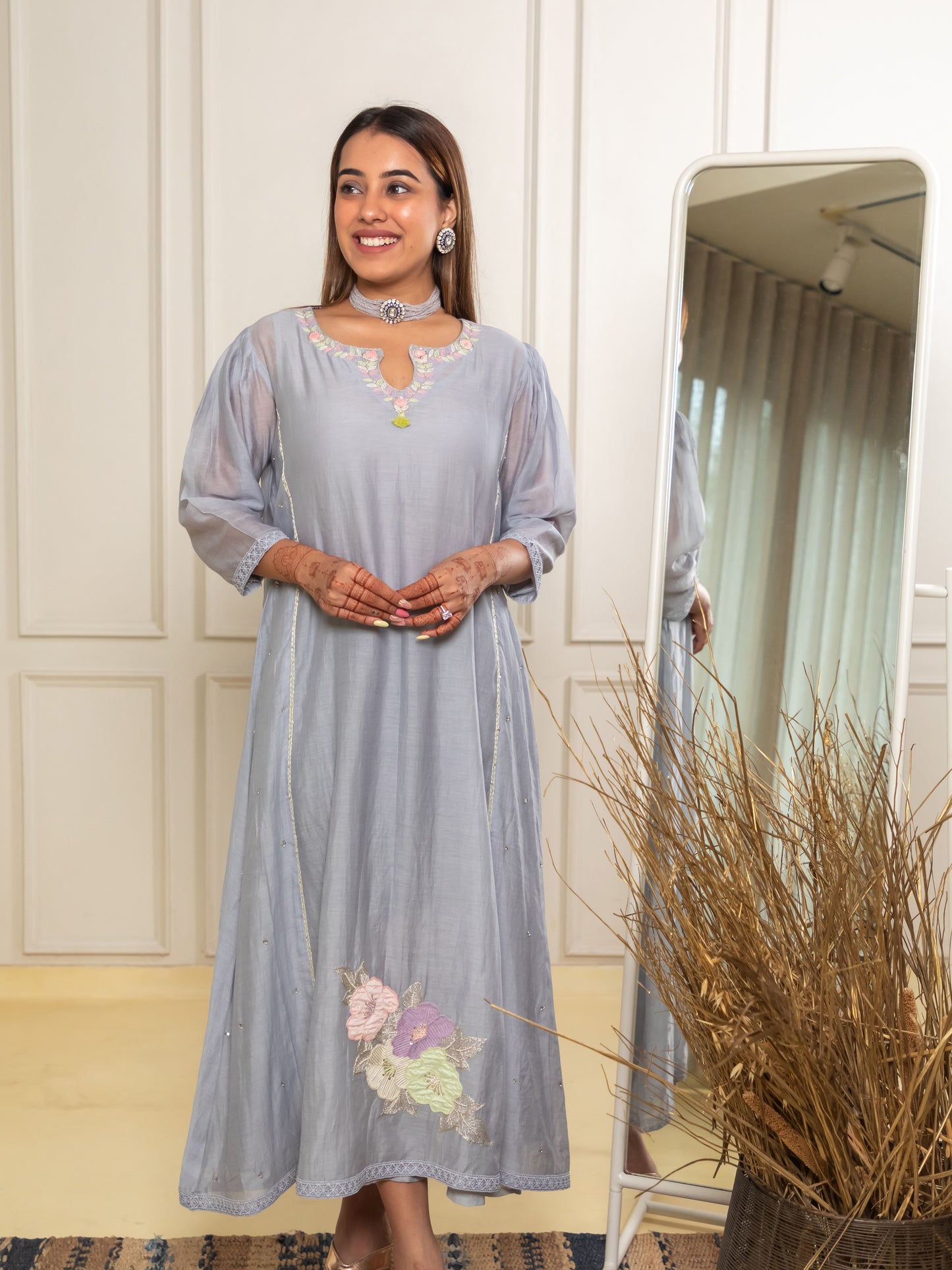 ISHTARA GREY ANKLE LENGTH SIDE PANALLED DRESS WITH PANTS #ISH15