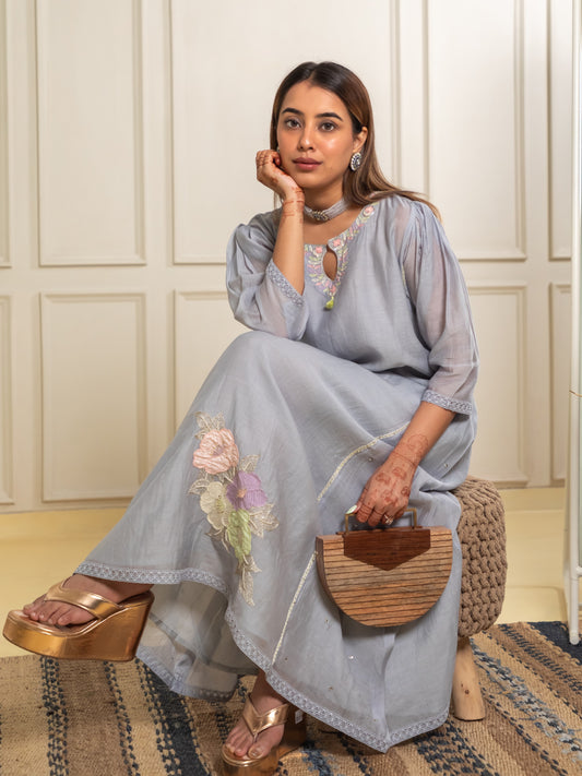 Ishtara Ankle-Length Grey Dress with Side Panels and Matching Pants – Elegant Outfit