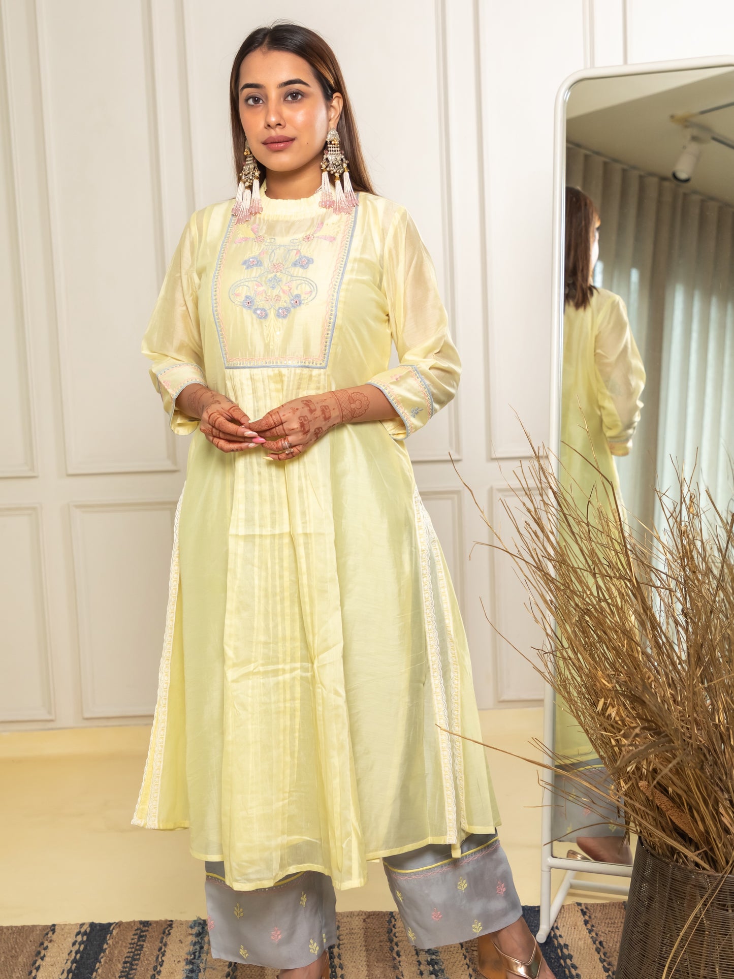 ISHTARA YELLOW YOKE DRESS WITH ANKEL LENGTH PANTS AND DUPATTA #ISH16
