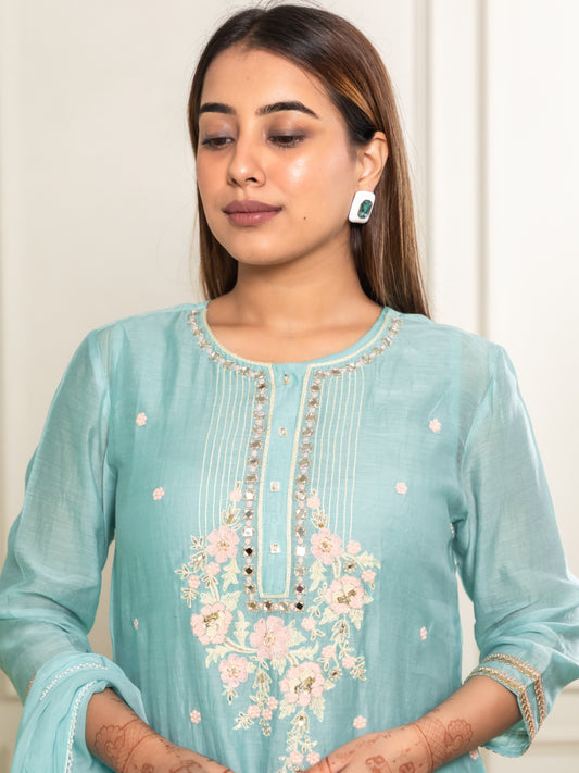 Vibrant Acqua Blue Kurta set by Ishtara – stylish Indian wear for women.