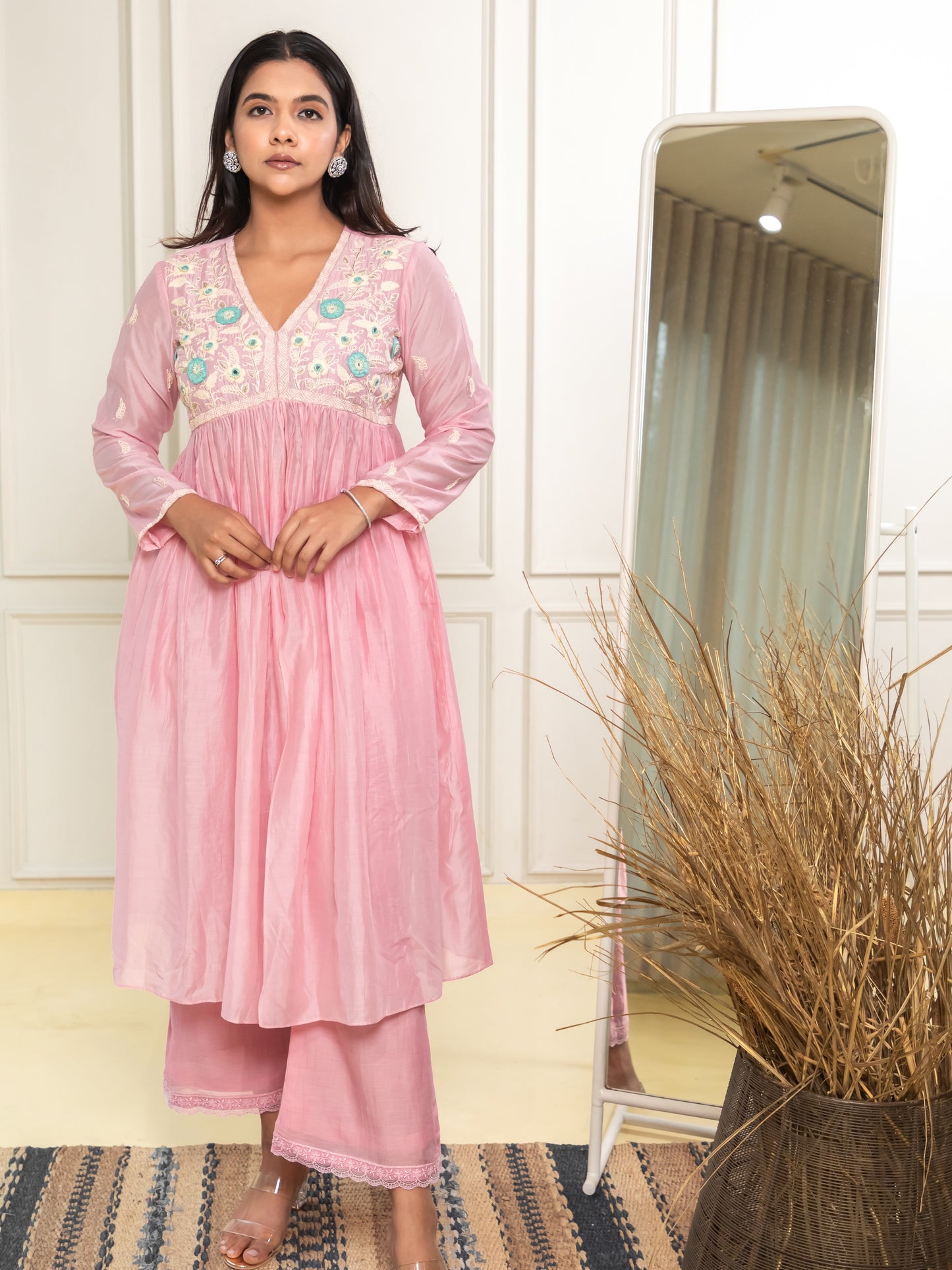 ISHTARA BLUSH PINK NAIRA CUT DRESS WITH PALAZO AND SHADED DUPATTA #ISH18