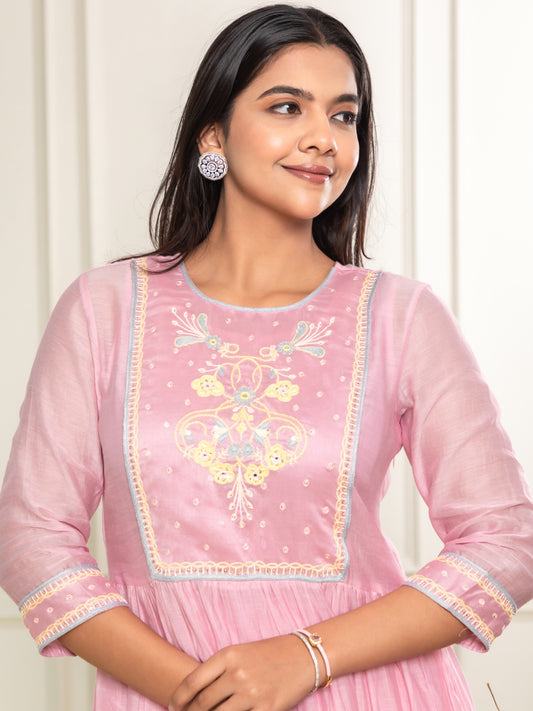 Ishtara Blush Pink Dress with Intricate Yoke Detailing – Stylish Festive Outfit.