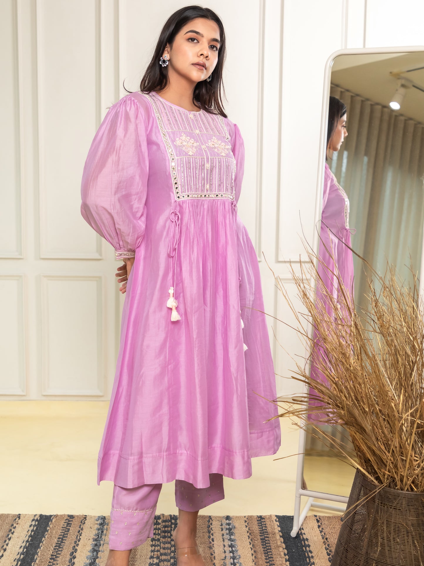 Ishtara Lavender Yoke Dress with Tailored Ankle-Length Pants – Perfect Ethnic Wear
