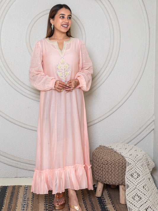 Ishtara Peach Ankle-Length Dress with Frill Hem – Elegant and Feminine