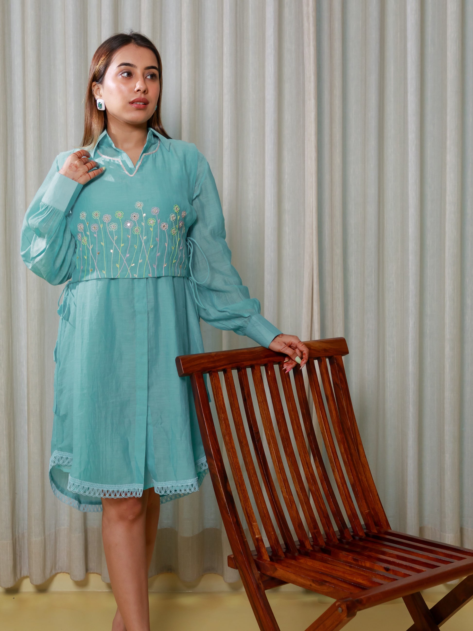 Ishtara Acqua Blue Knee-Length Dress with Embroidered Bib – Elegant and Stylish