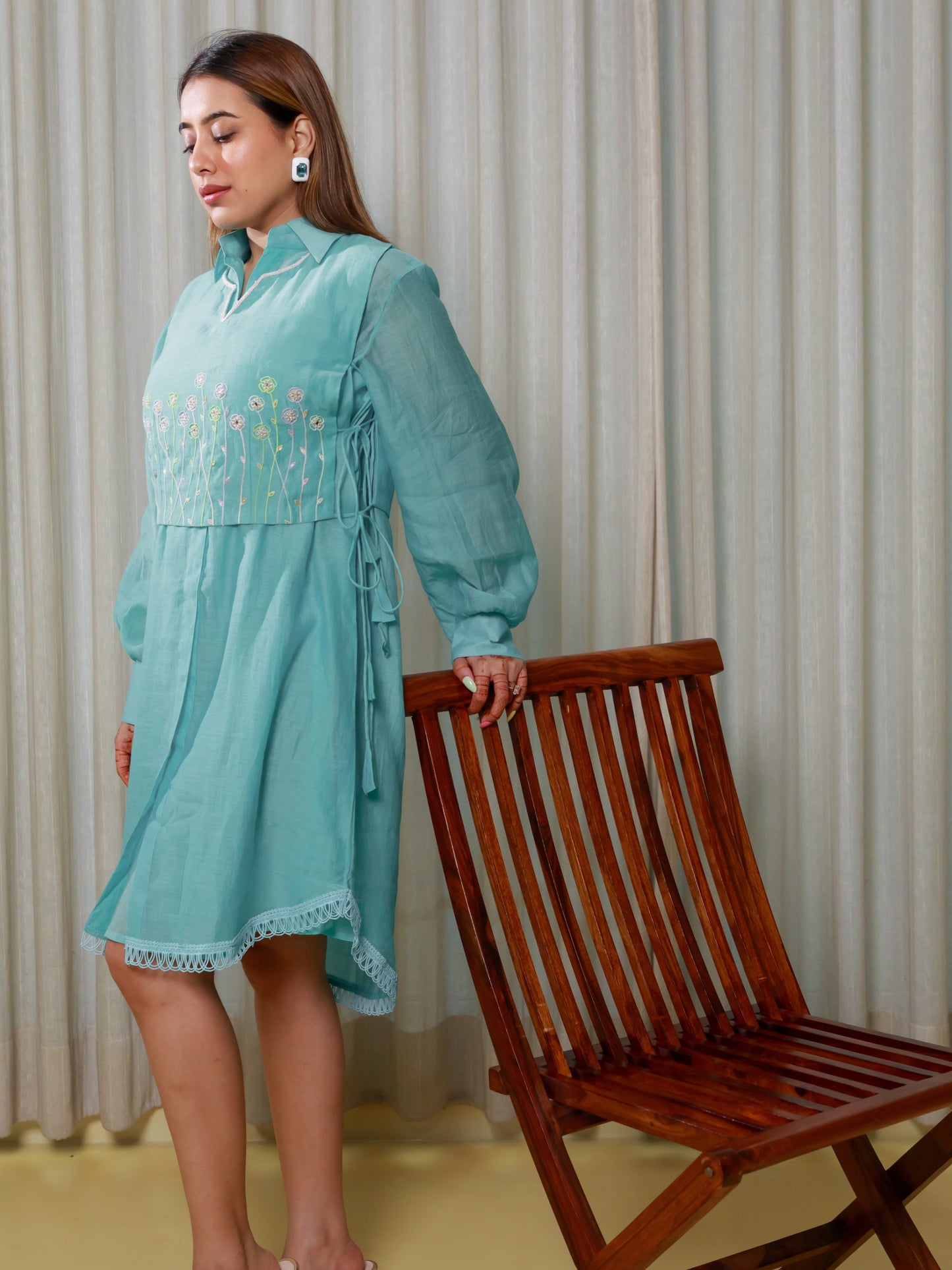 ISHTARA ACQUA BLUE KNEE LENGTH DRESS WITH EMBROIDERED BIB #ISH23