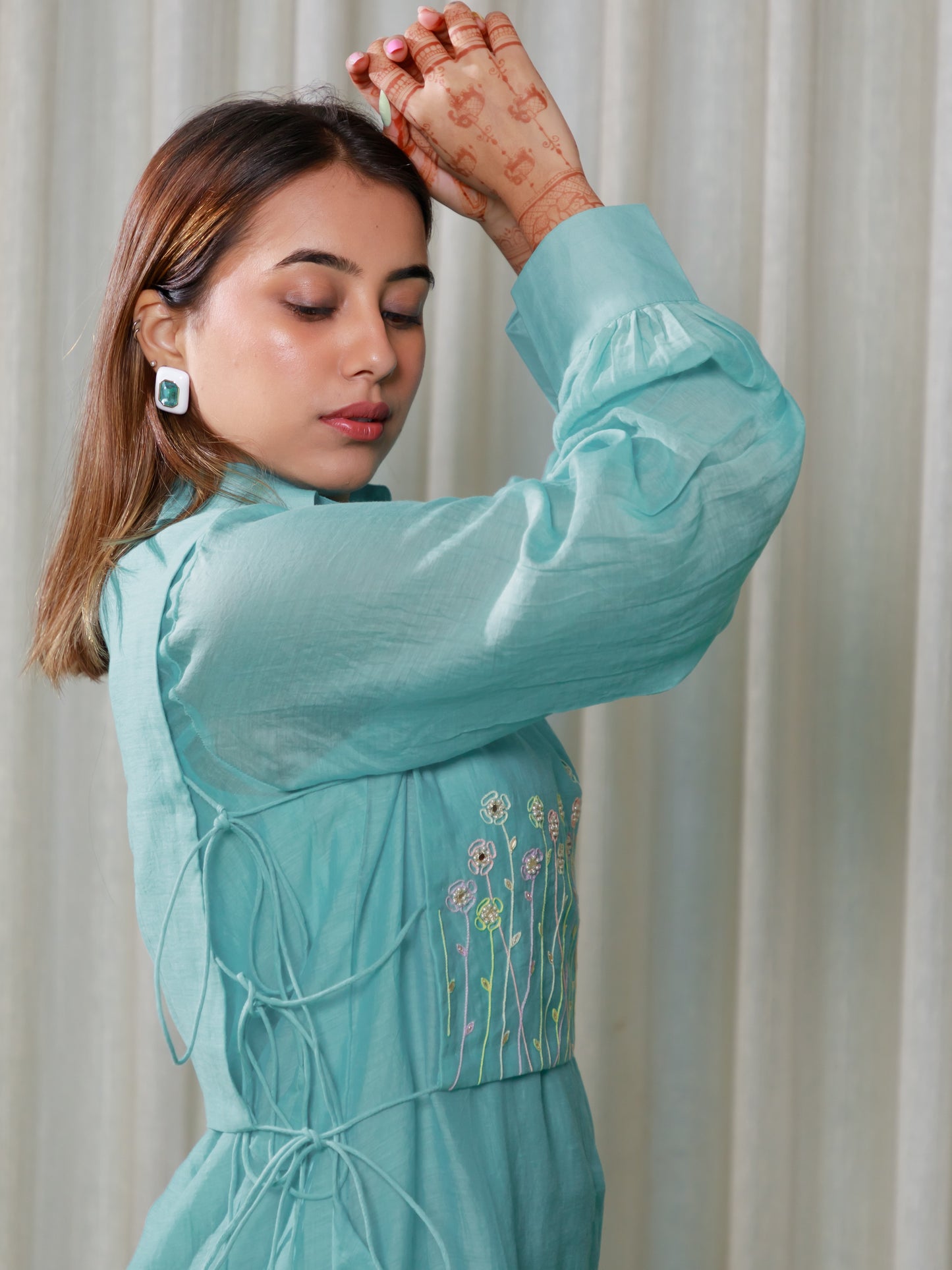 ISHTARA ACQUA BLUE KNEE LENGTH DRESS WITH EMBROIDERED BIB #ISH23