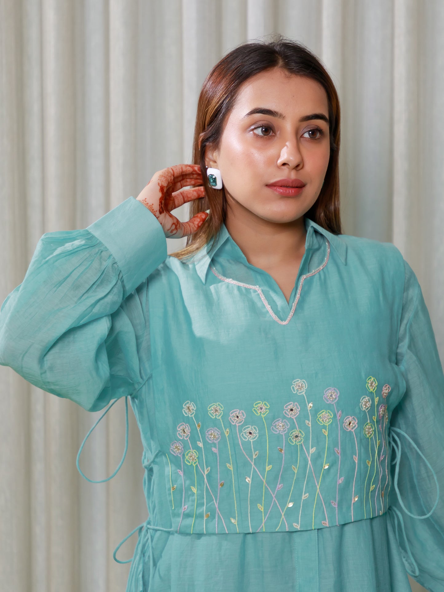 ISHTARA ACQUA BLUE KNEE LENGTH DRESS WITH EMBROIDERED BIB #ISH23